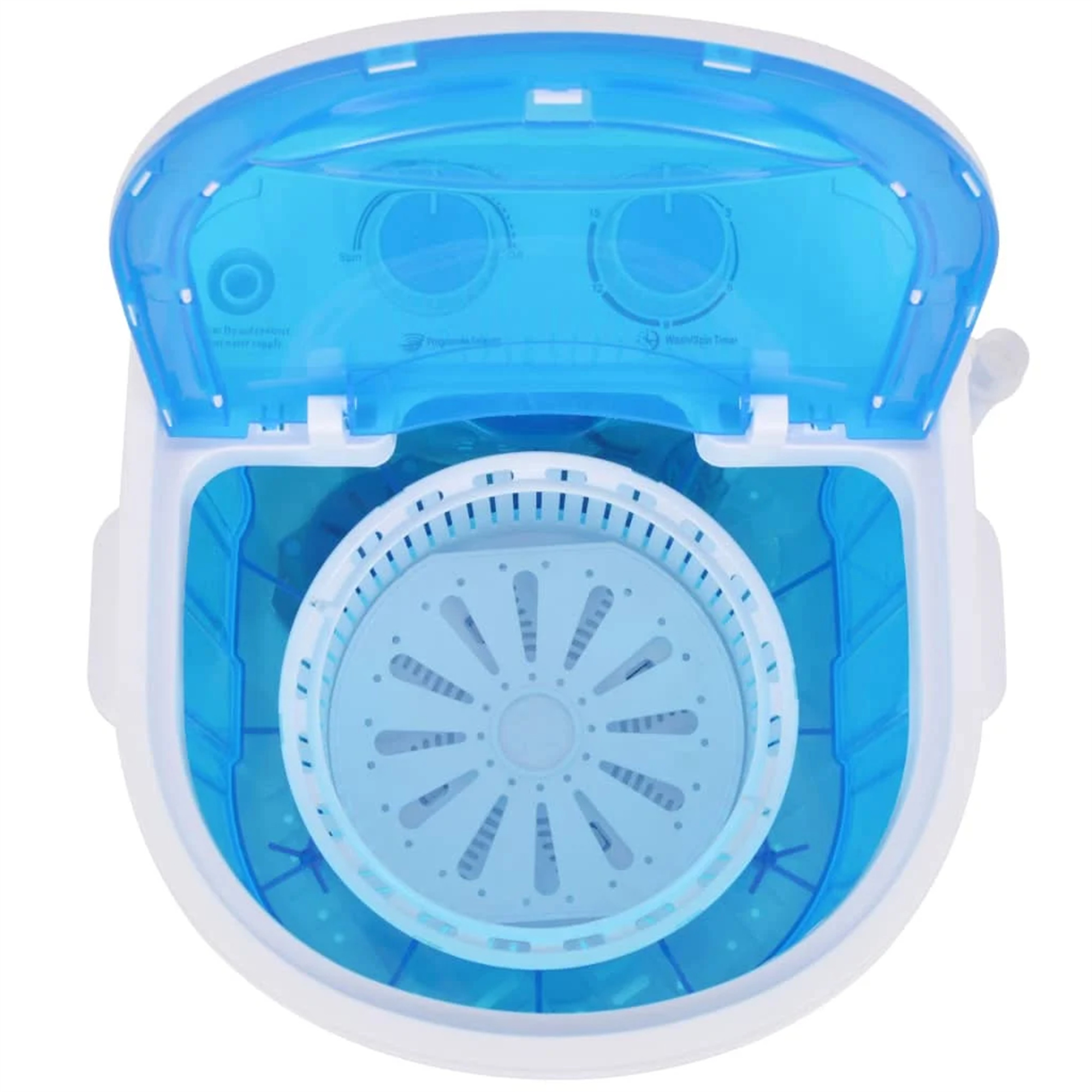 Eine blau-weiße Mini-Waschmaschine, oben offen, mit einem rotierenden Waschbecken.