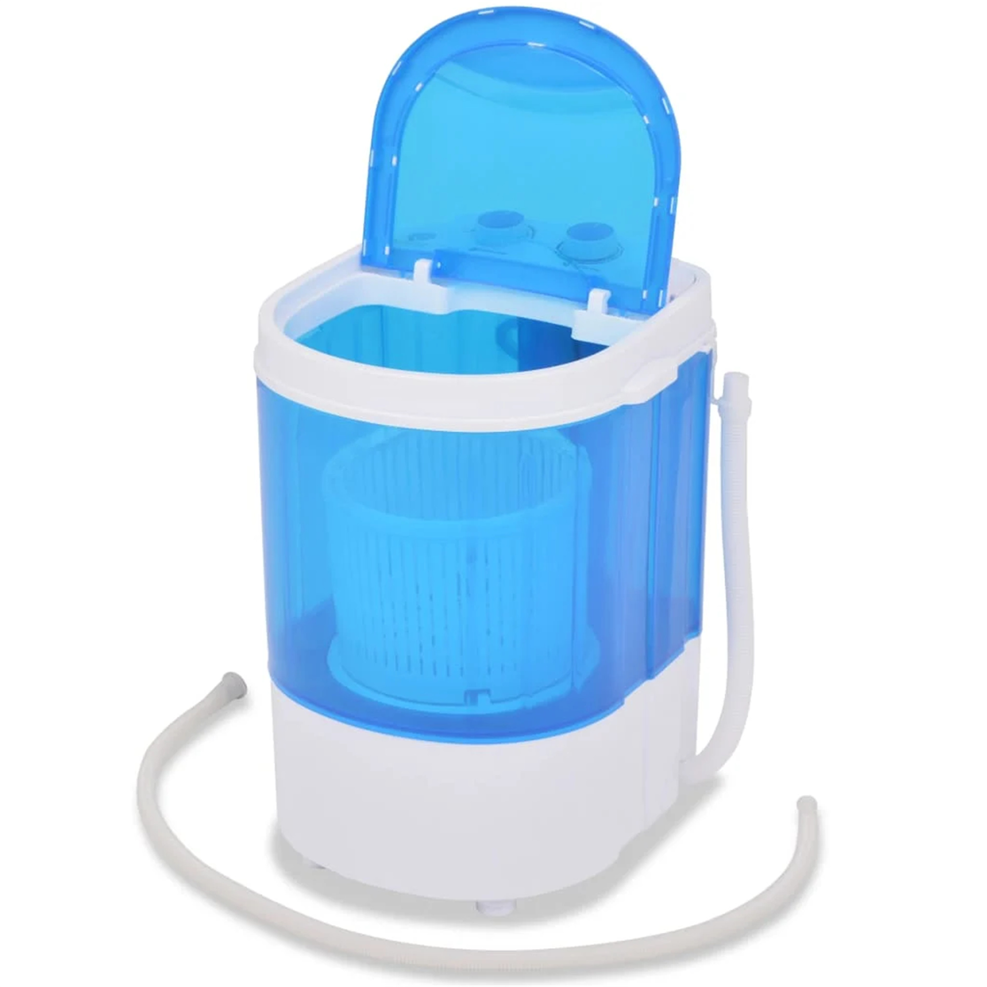 Eine blau-weiße Mini-Waschmaschine mit offenem Deckel. Ein Schlauch verläuft vor der Maschine.