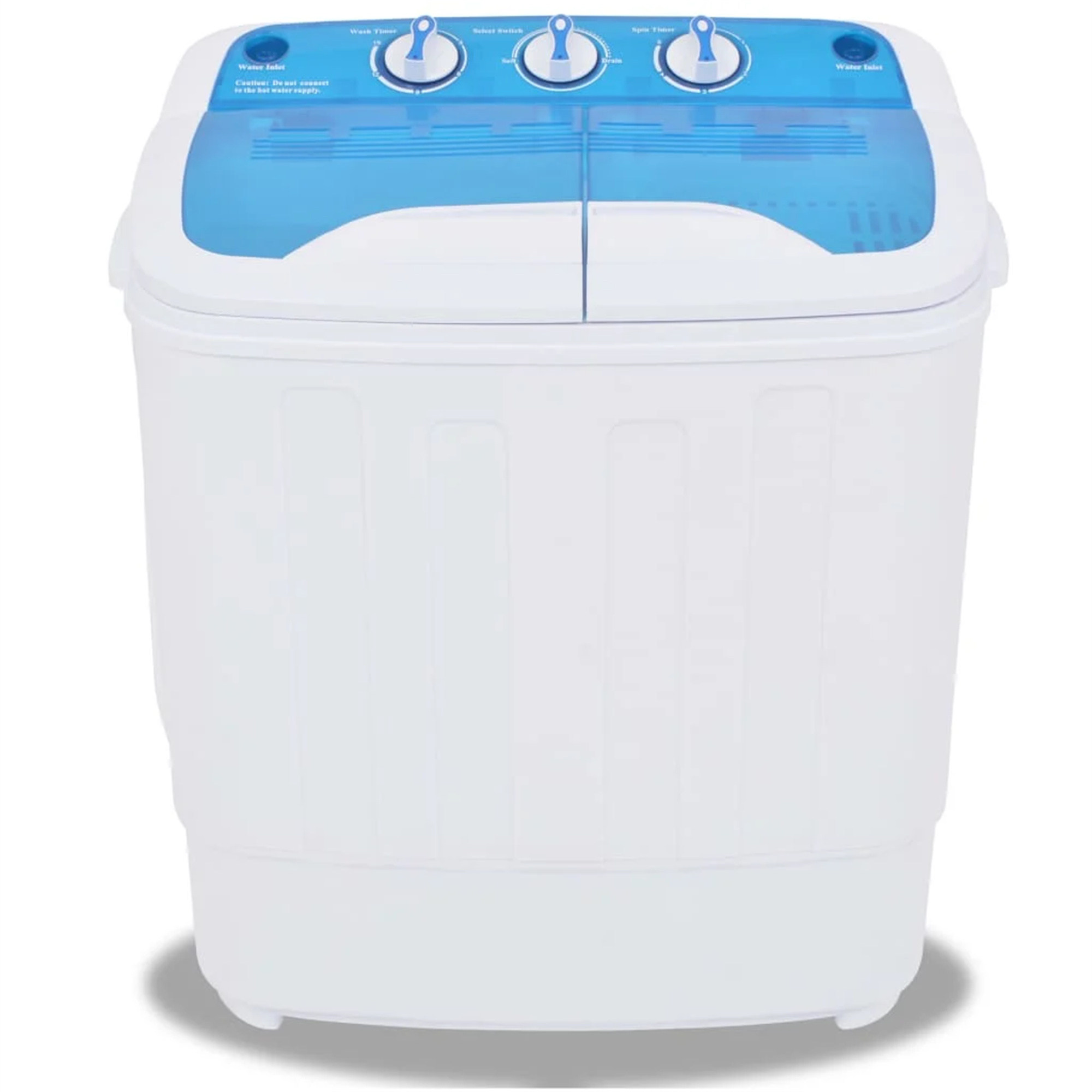 Tragbare Waschmaschine in Weiß und Blau. Oben befinden sich drei blaue Knöpfe.