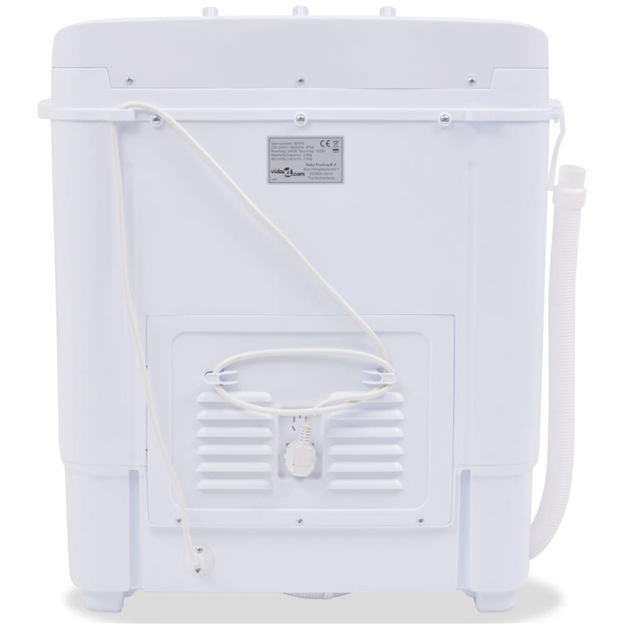 Die Rückseite einer weißen tragbaren Waschmaschine mit Netzkabel und Wasserschläuchen. Nahaufnahme.