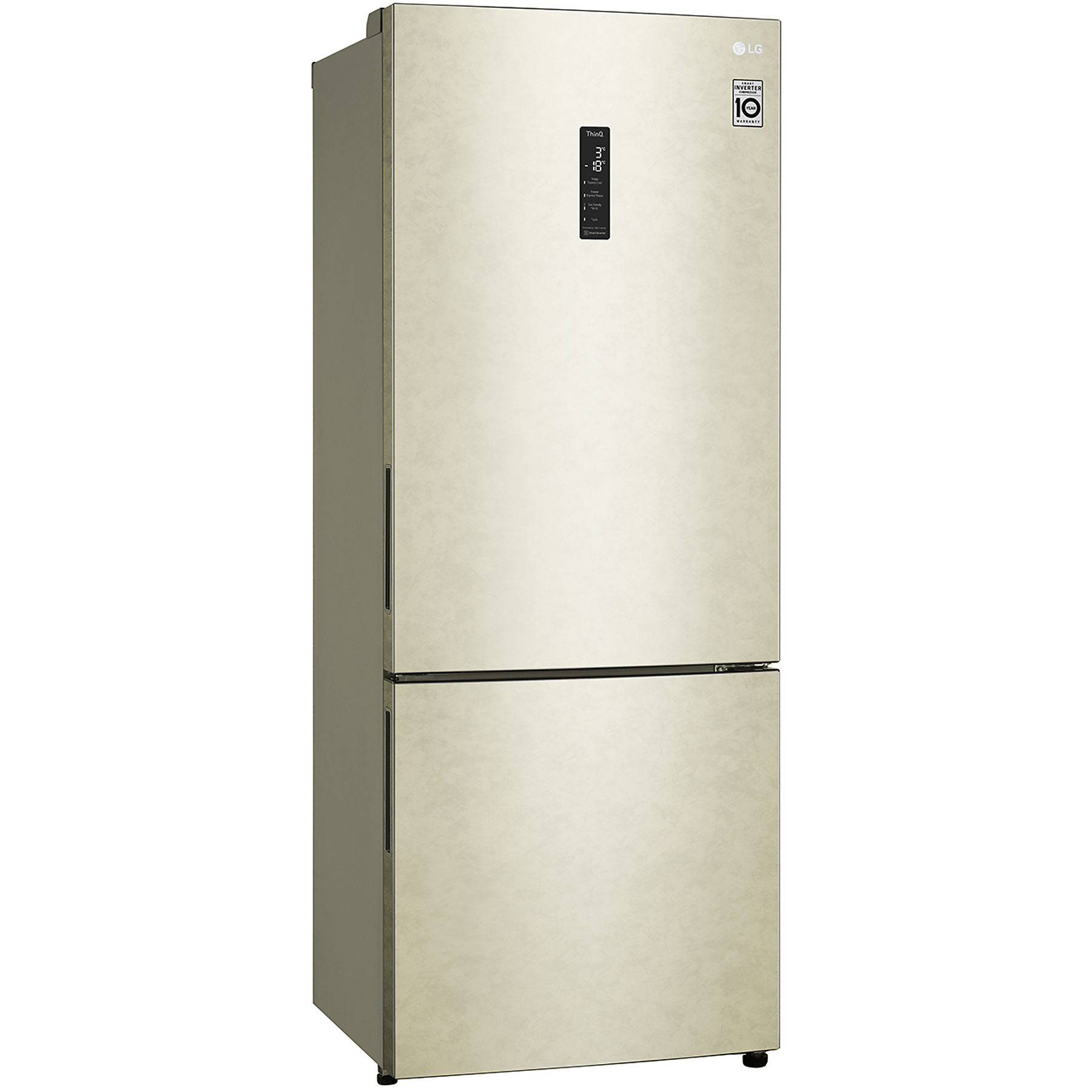 Un frigorifero LG beige con congelatore inferiore. Ha un display digitale sulla porta.
