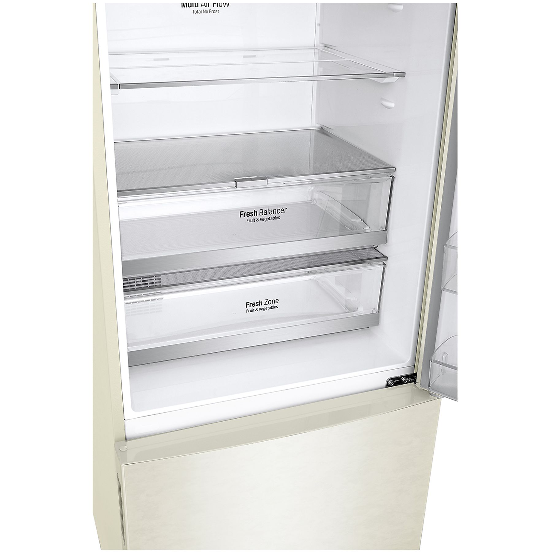 Frigorifero beige aperto. All'interno, sono visibili due cassetti con le etichette 'Fresh Balancer' e 'Fresh Zone'.
