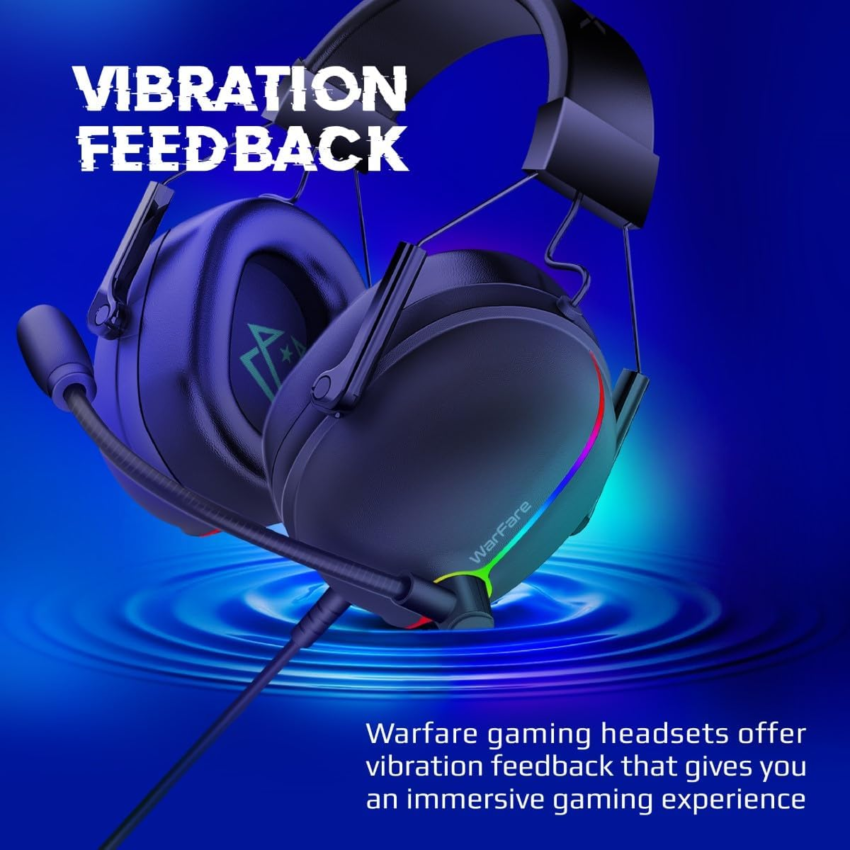 Cuffie da gioco nere con microfono. Testo: VIBRATION FEEDBACK, Cuffie Warfare per un'esperienza di gioco immersiva.