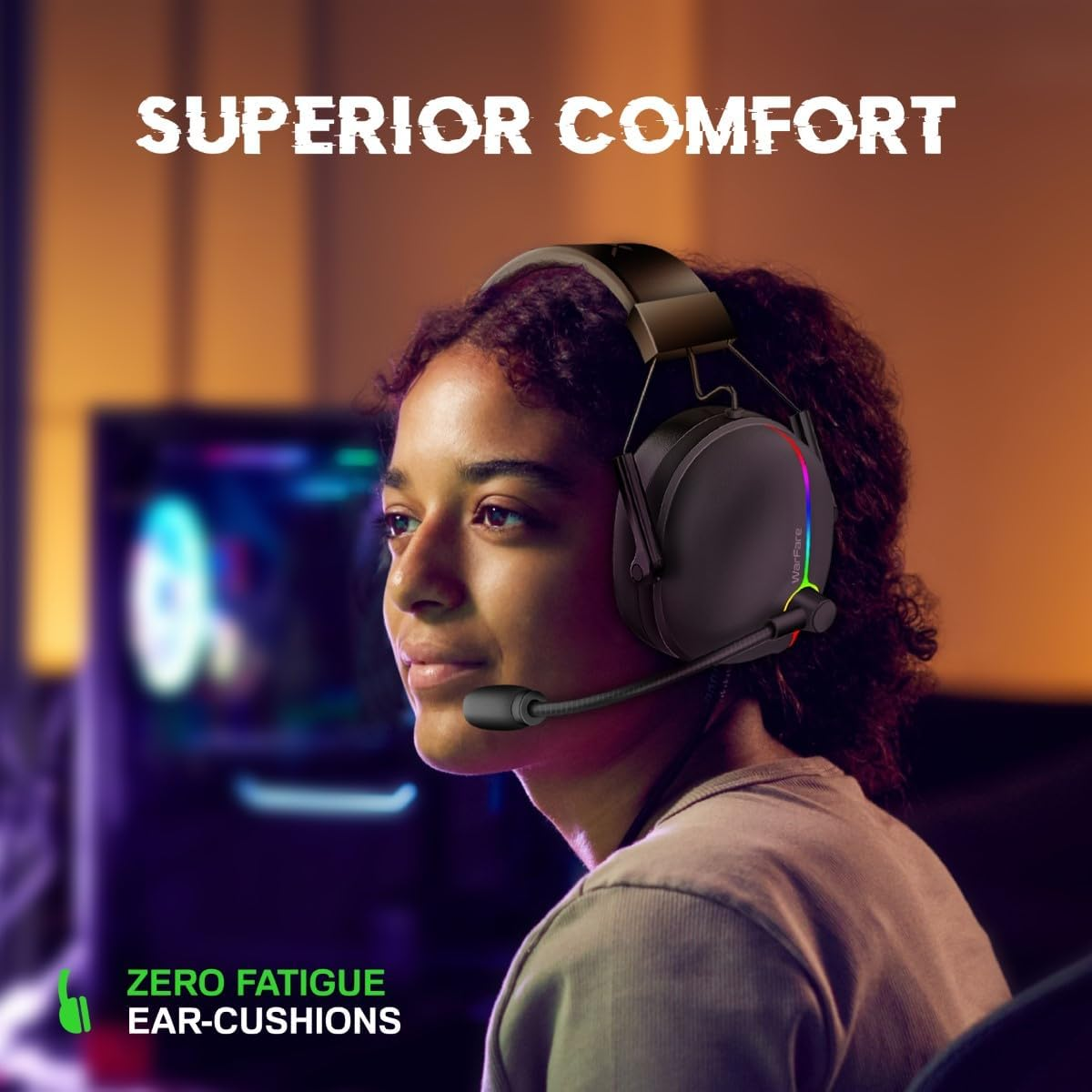 Una donna con cuffie con microfono, con il testo 'Superior Comfort'.