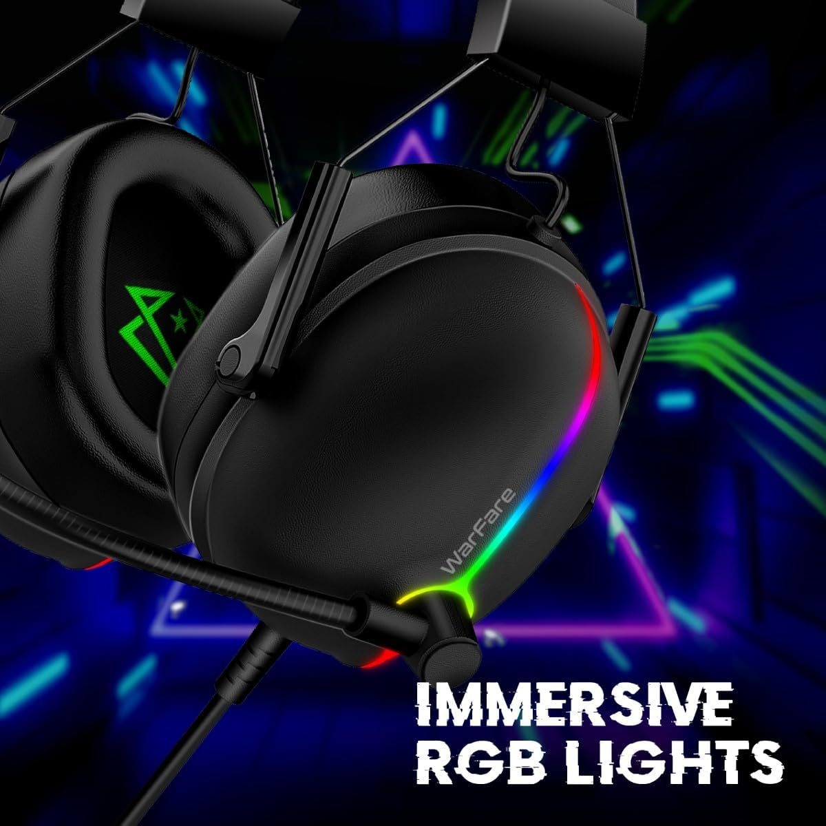 Cuffie da gioco nere con luci RGB, su sfondo sfocato.