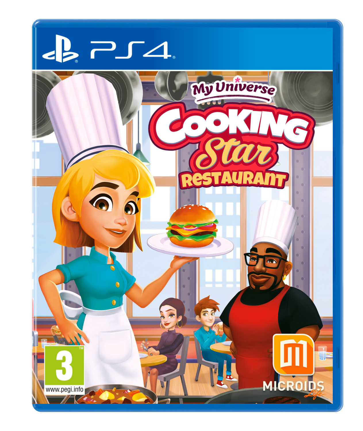 La copertina del gioco per PS4 Cooking Star Restaurant. Presenta uno chef che tiene un hamburger e altri due personaggi.