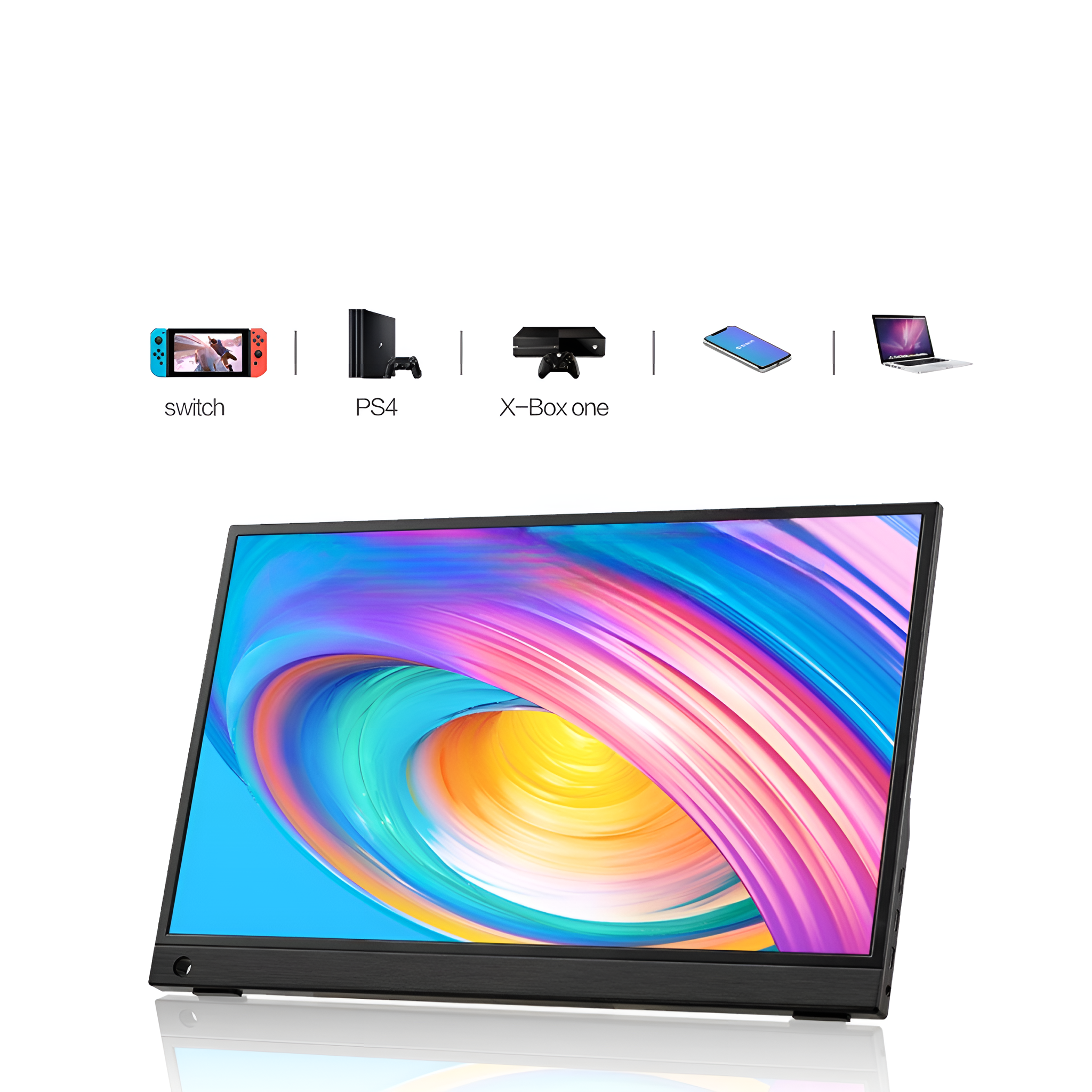 Ein tragbarer Monitor ist mit verschiedenen Geräten wie Switch, PS4, X-Box und einem Laptop verbunden.