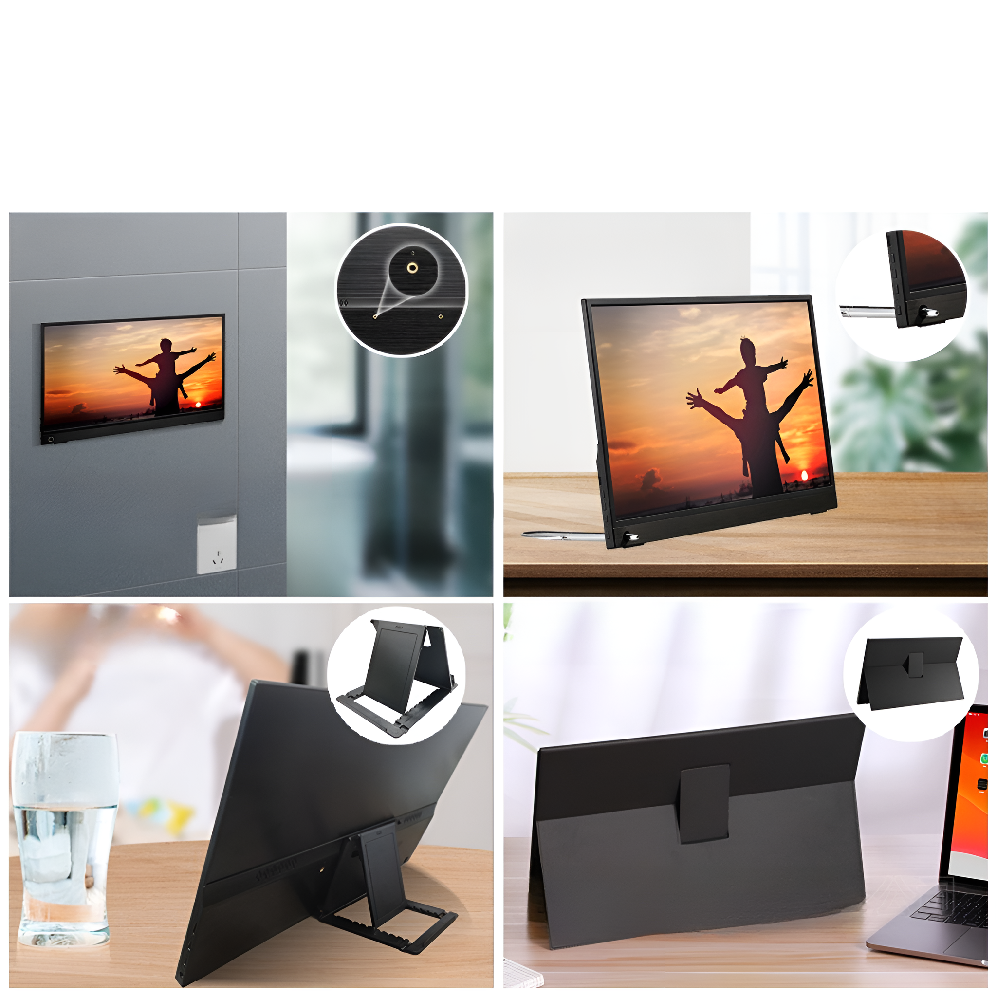 Mehrere Bilder eines tragbaren Monitors in verschiedenen Setups: Wandmontage, auf dem Schreibtisch, aufgestellt.