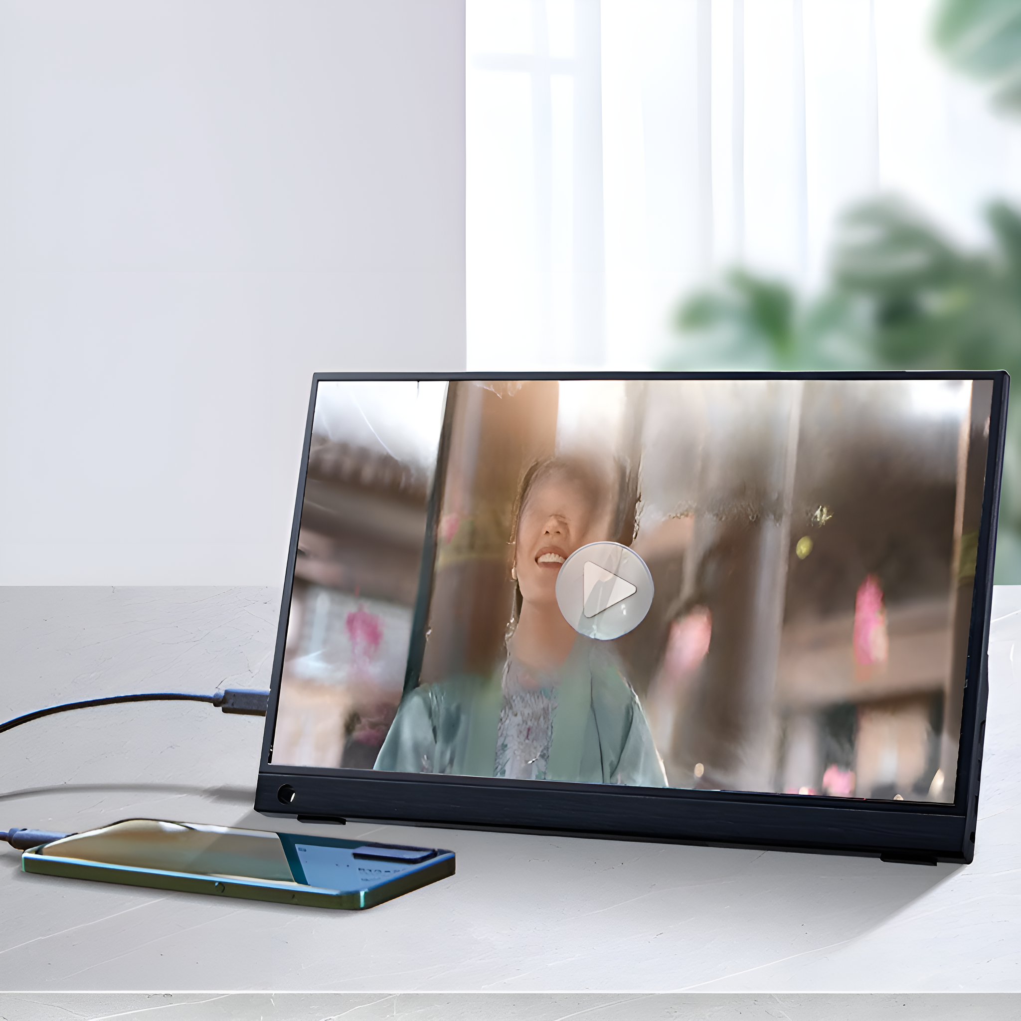 Eine Frau schaut ein Video auf einem tragbaren Monitor, der mit einem Telefon verbunden ist. Der Hintergrund ist unscharf.