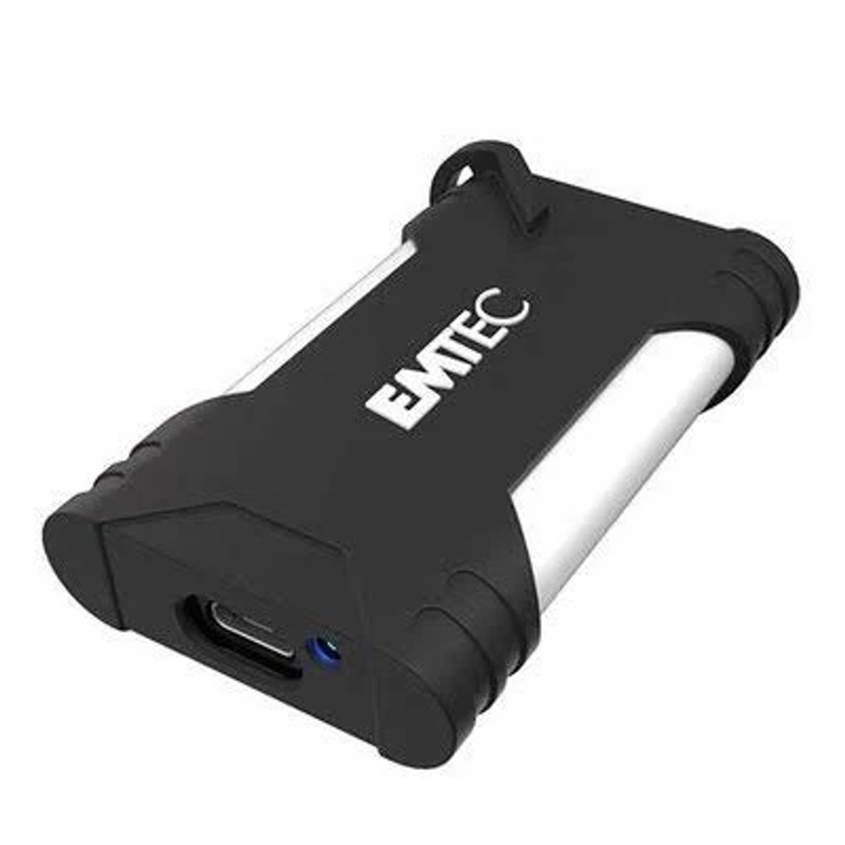 Czarny i srebrny przenośny dysk twardy. Marka EMTEC jest napisana na biało.