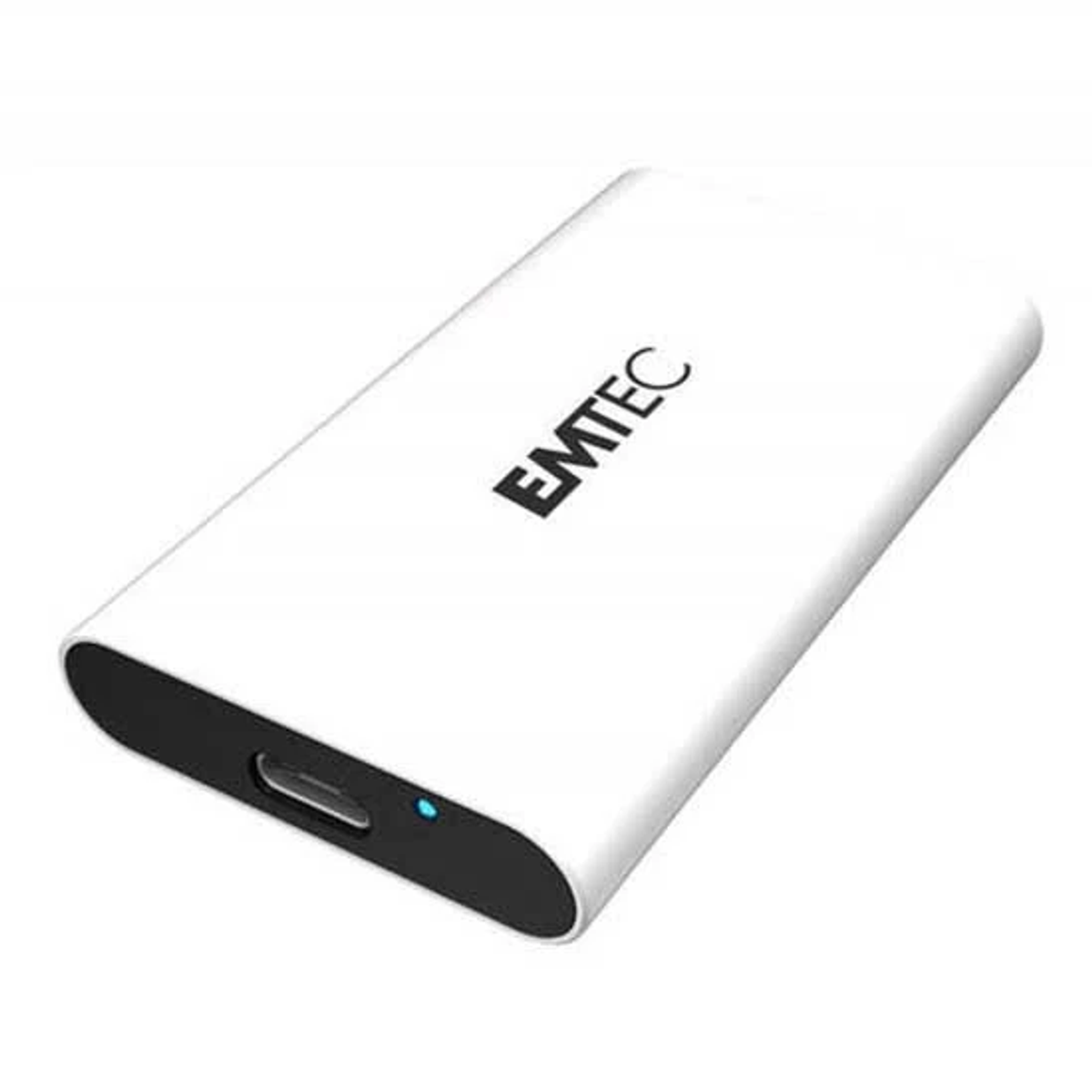 Biały przenośny dysk twardy z marką 'EMTEC'.
