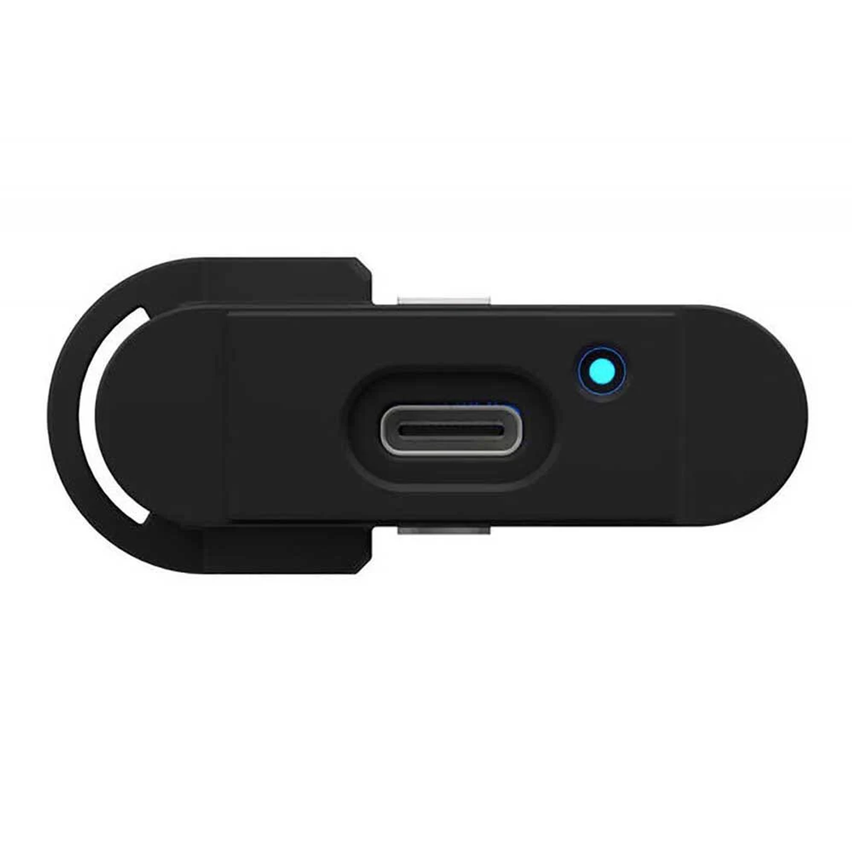 Czarne prostokątne urządzenie z portem USB-C i niebieskim światłem.