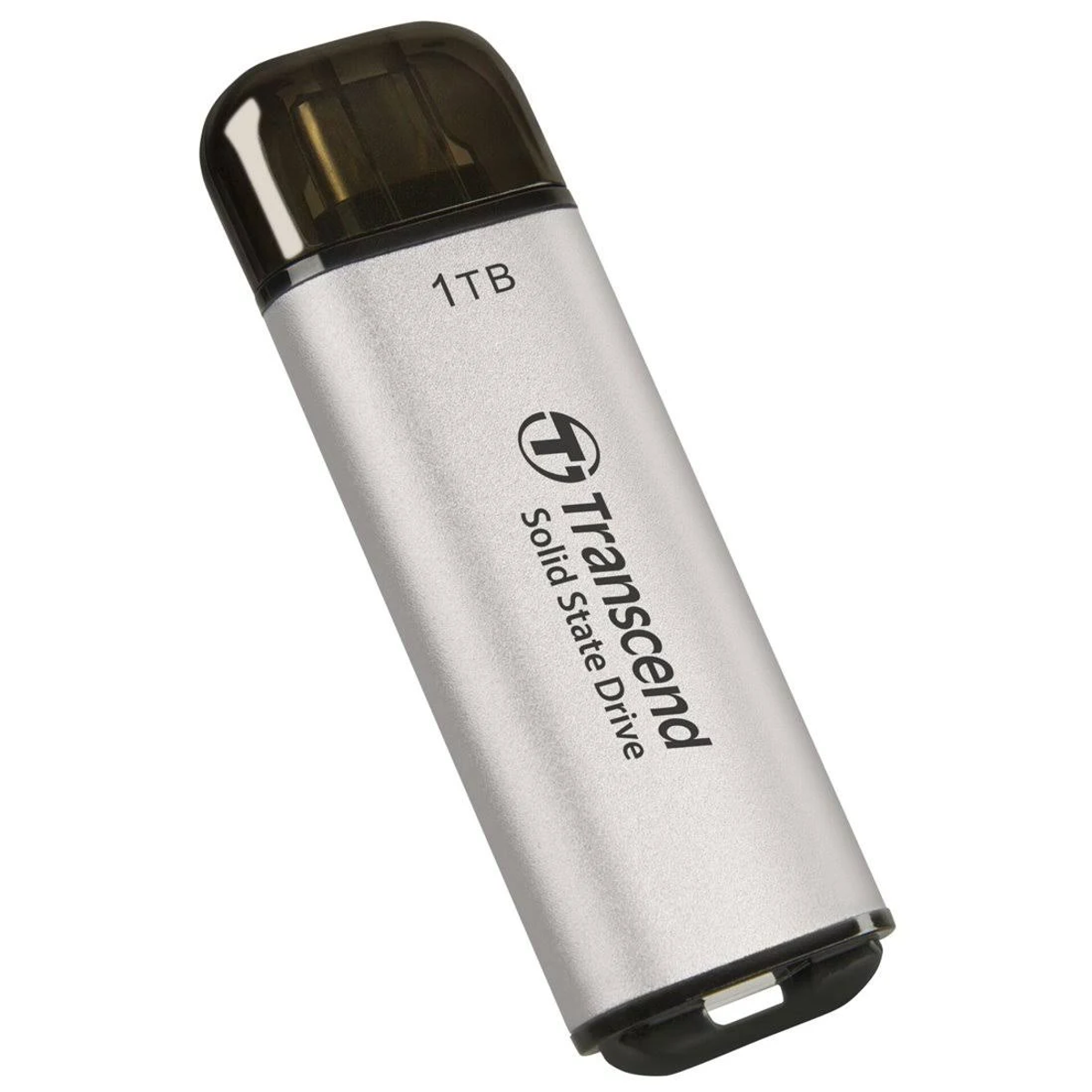 Srebrny pendrive Transcend 1TB. Ma czarną nasadkę i logo marki.
