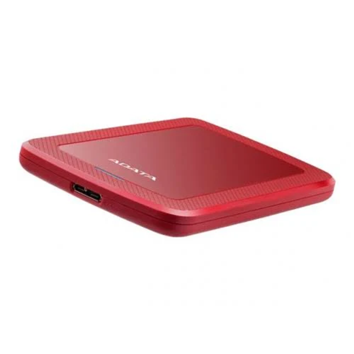 Rotes SSD-Gerät mit USB-Anschluss auf weißem Hintergrund.