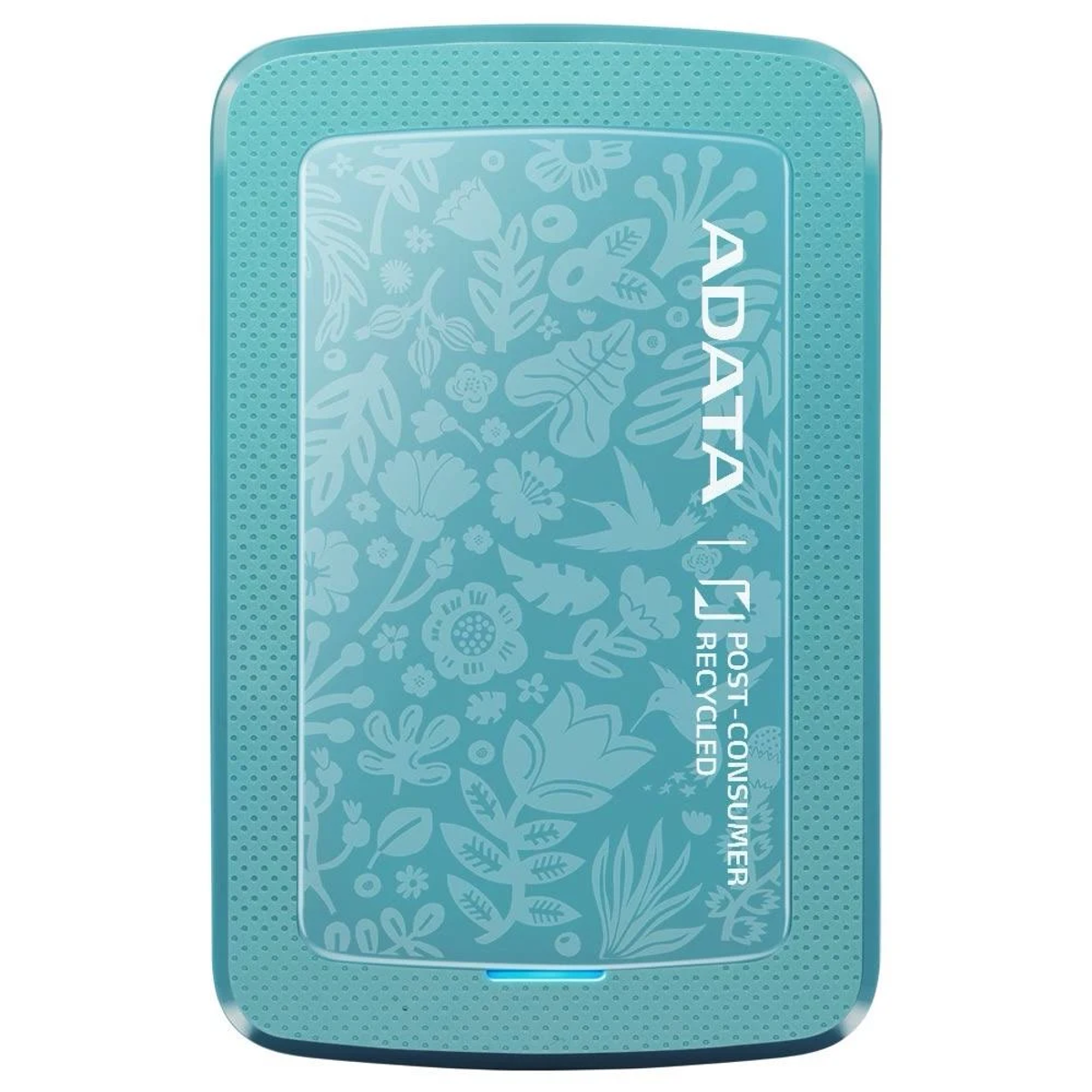 Un disco duro externo de color turquesa con patrones florales blancos, texto ADATA y reciclado.