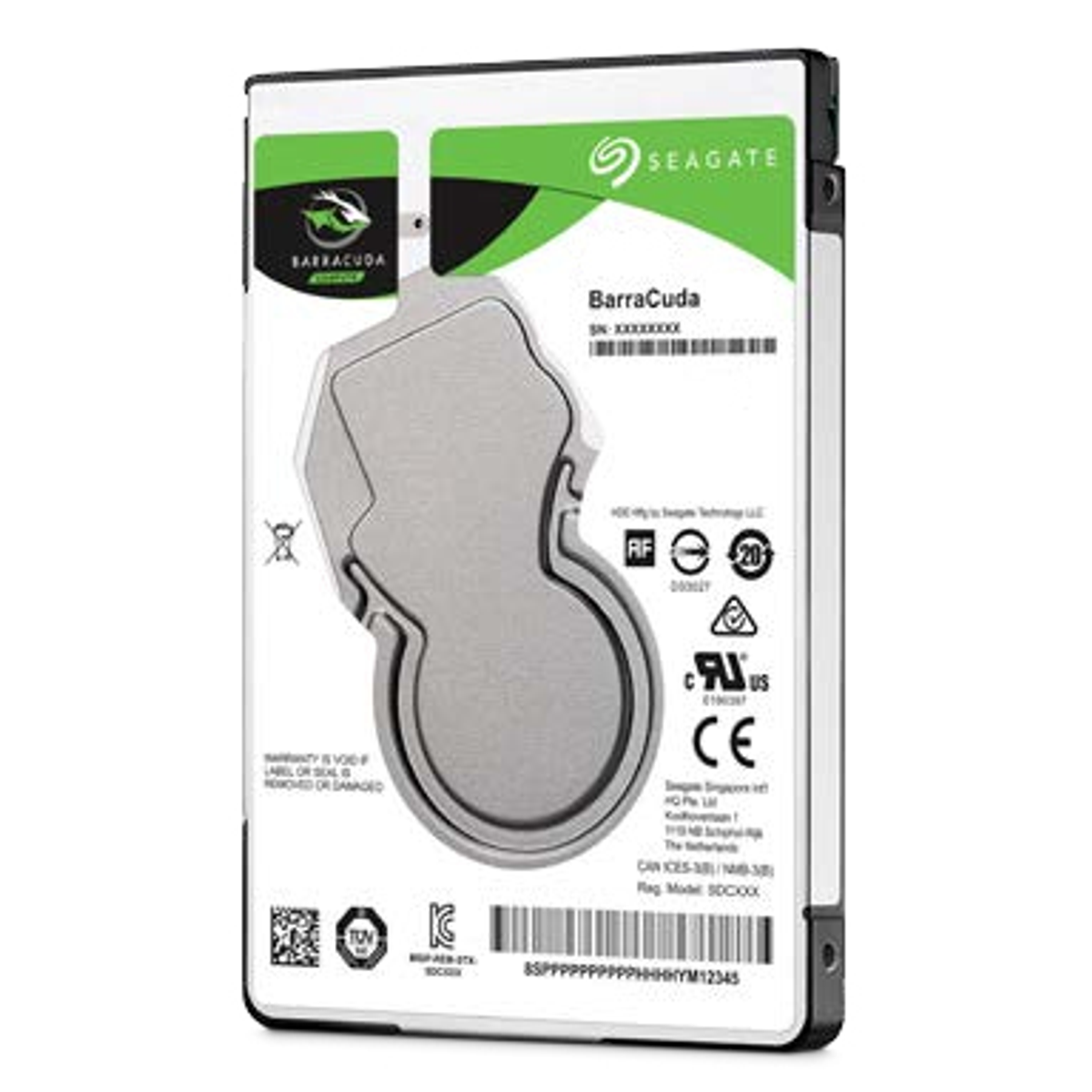 Un piccolo disco rigido rettangolare in un involucro nero con un'etichetta verde Seagate.