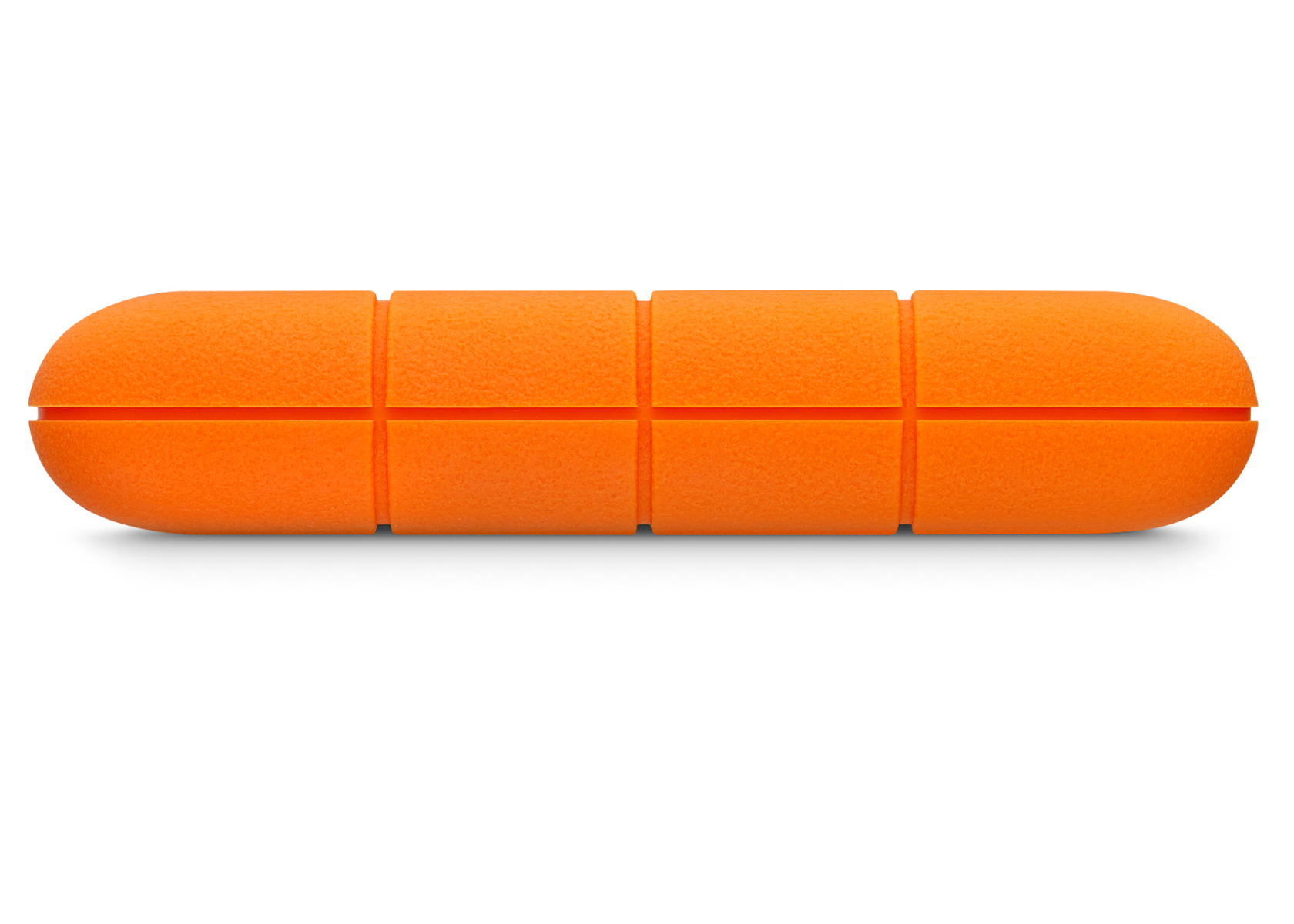 Pomarańczowy zewnętrzny dysk twardy, długi i prostokątny, na białym tle.