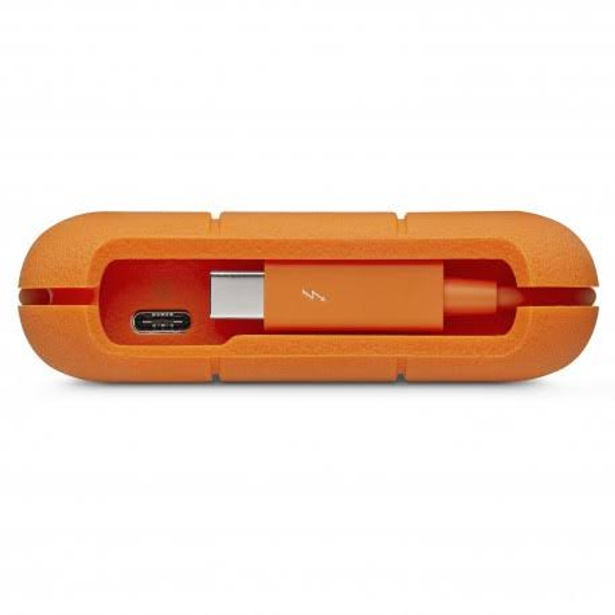Disco rigido esterno arancione con cavo USB-C all'interno, su sfondo bianco.