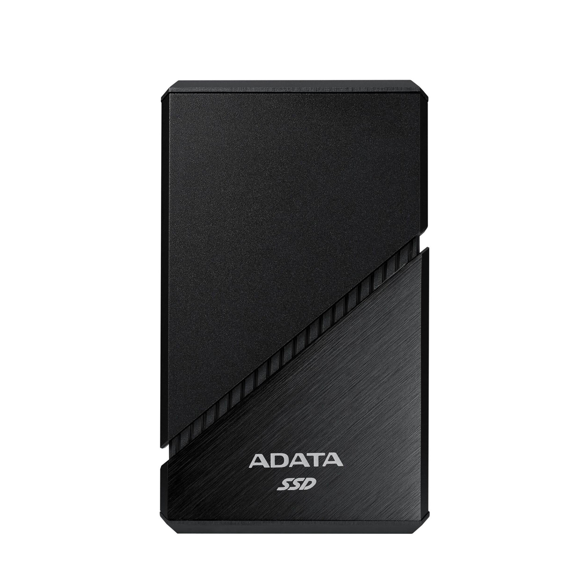 Czarny ADATA SSD, teksturowane wykończenie, widok z góry, białe tło.