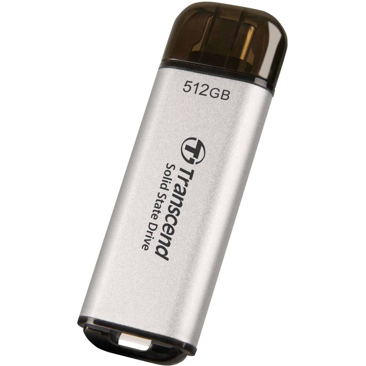 Srebrno-czarny pendrive Transcend USB o pojemności 512 GB, z czarną nasadką.