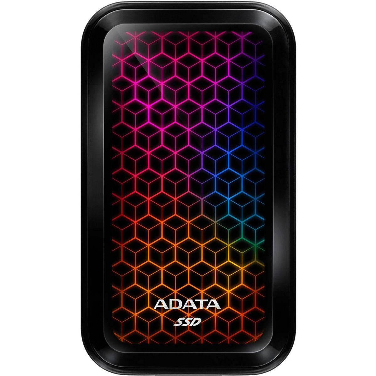 Un SSD negro con un patrón geométrico colorido y el logo ADATA SSD.