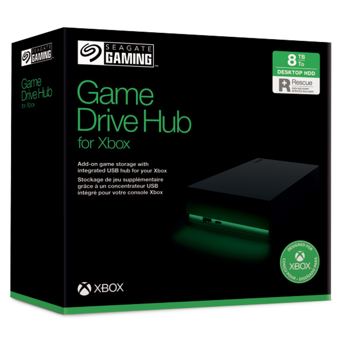 Una scatola Seagate Game Drive Hub per Xbox. Design nero e verde con il logo Xbox in basso.
