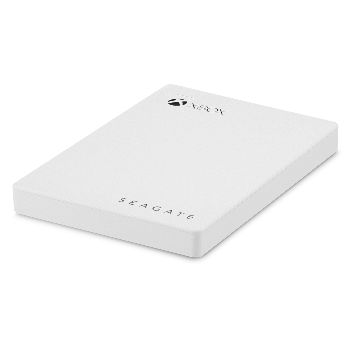 Weiße externe Festplatte von Seagate Xbox. Schwarze Xbox- und Seagate-Logos sind auf der Festplatte sichtbar.