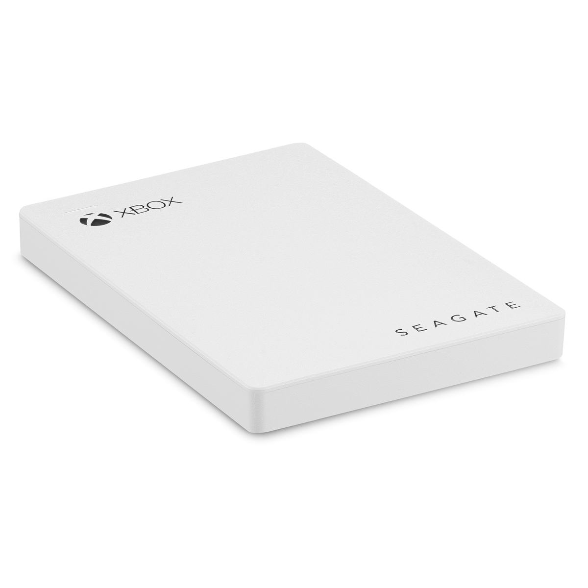 Weiße Xbox Seagate externe Festplatte. Schwarzes Xbox-Logo und Seagate-Text.
