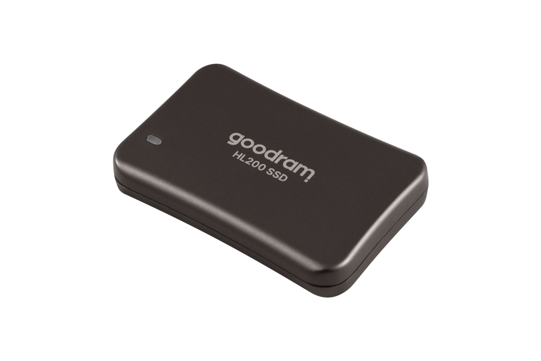 Dispositivo SSD grigio scuro con il marchio su sfondo bianco.