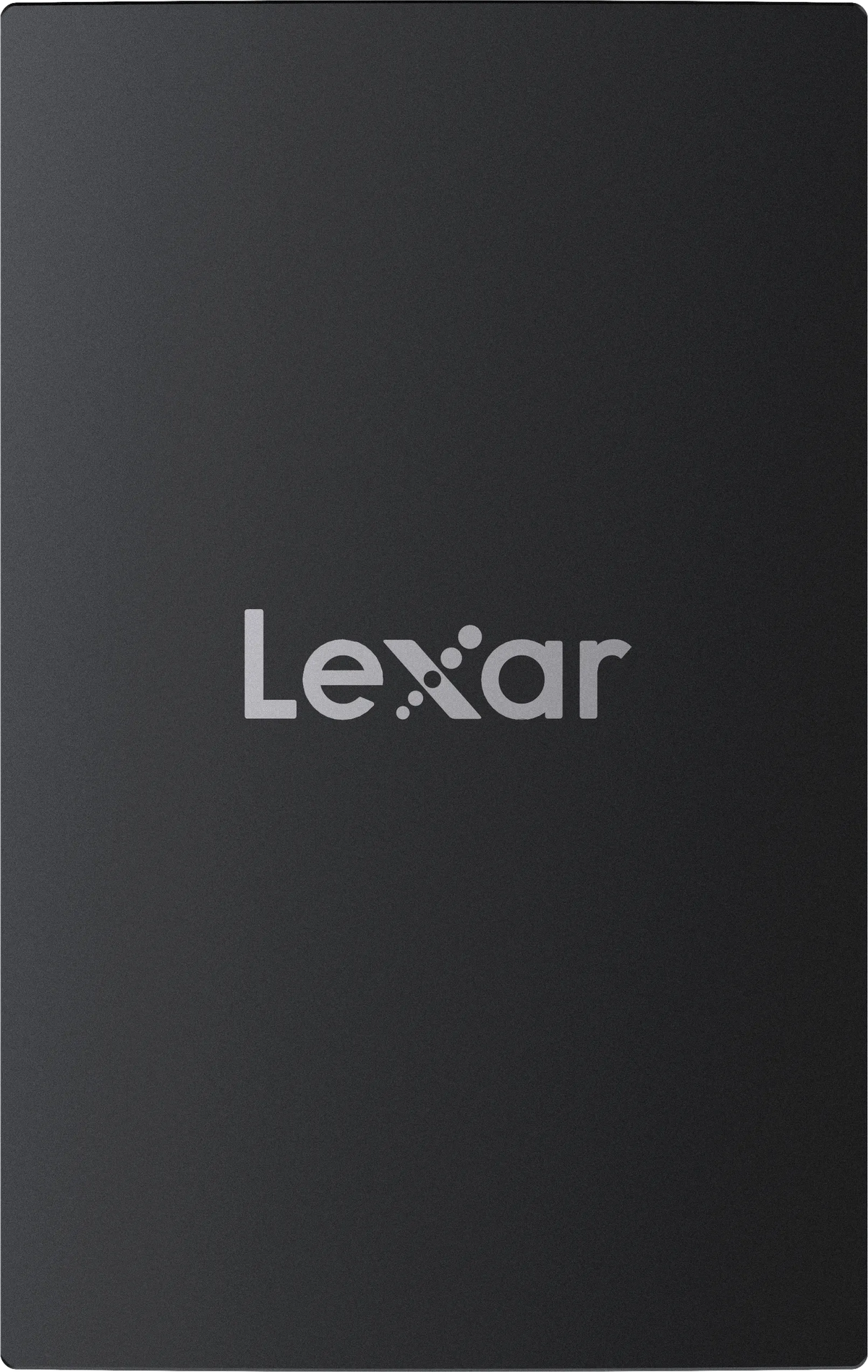 Czarny zewnętrzny dysk SSD Lexar z logo Lexar na białym tle.
