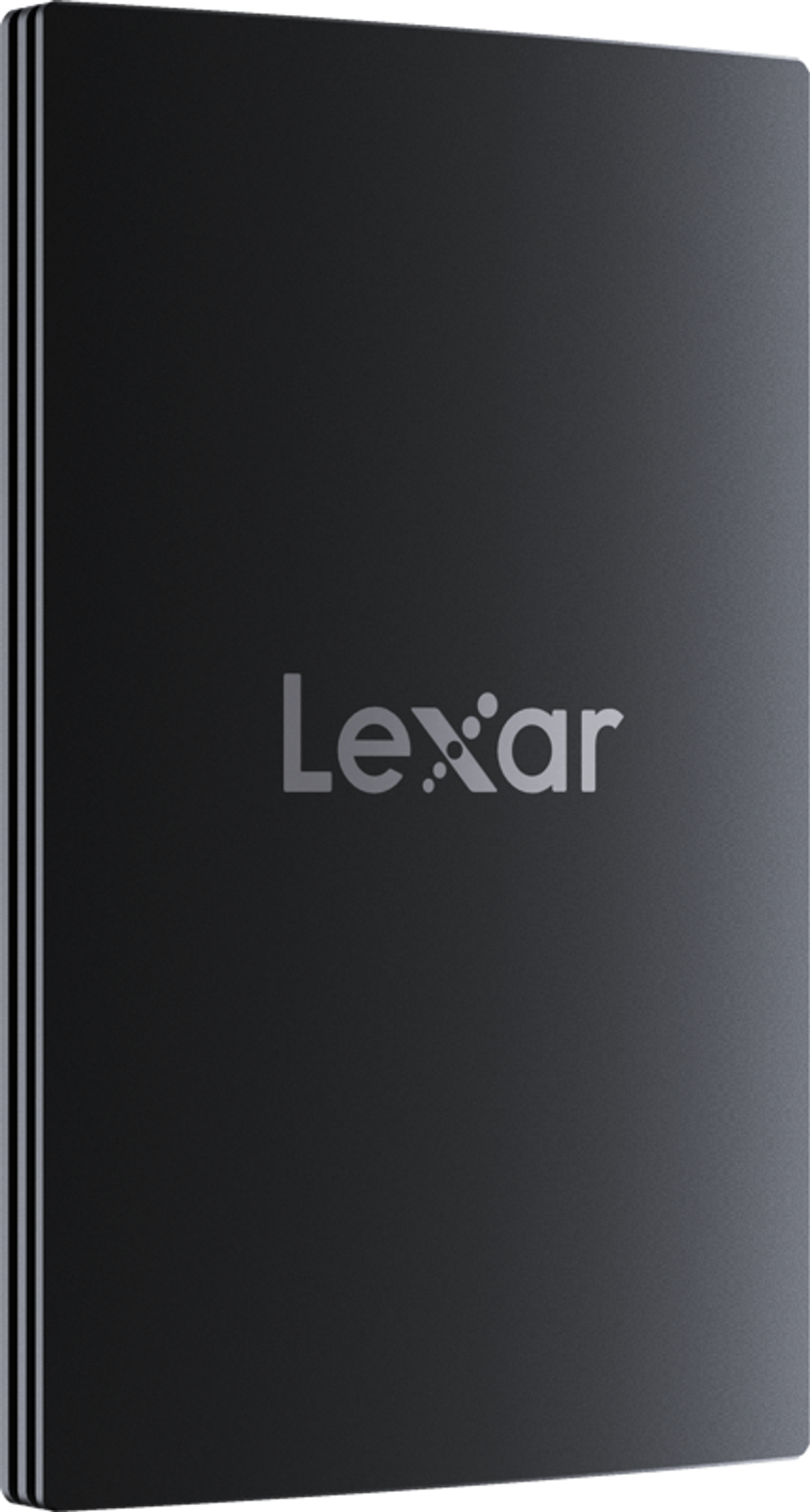 Czarny zewnętrzny dysk twardy Lexar. Srebrne logo Lexar z przodu.