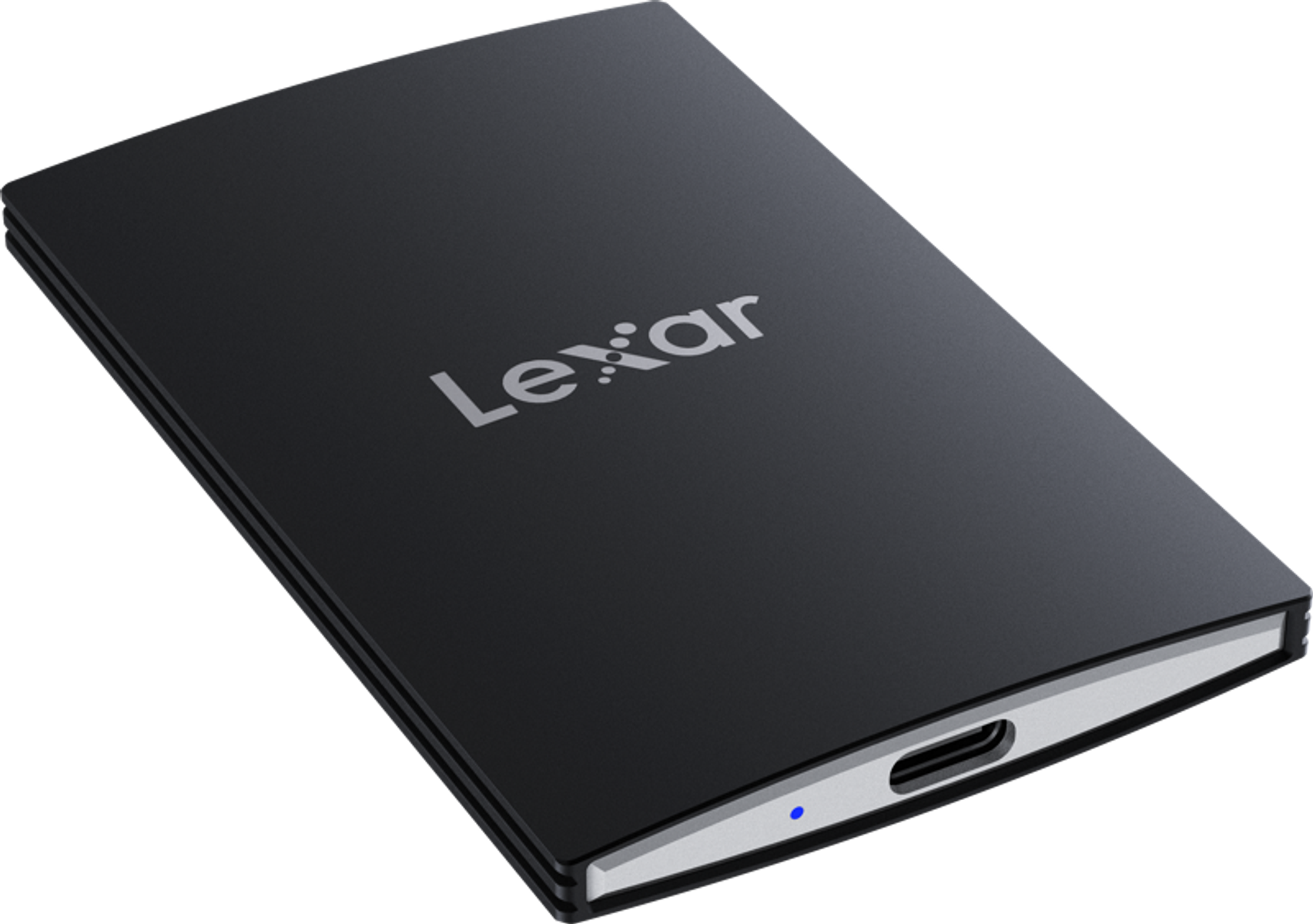 Czarny zewnętrzny dysk twardy Lexar z portem USB i niebieską lampką kontrolną.