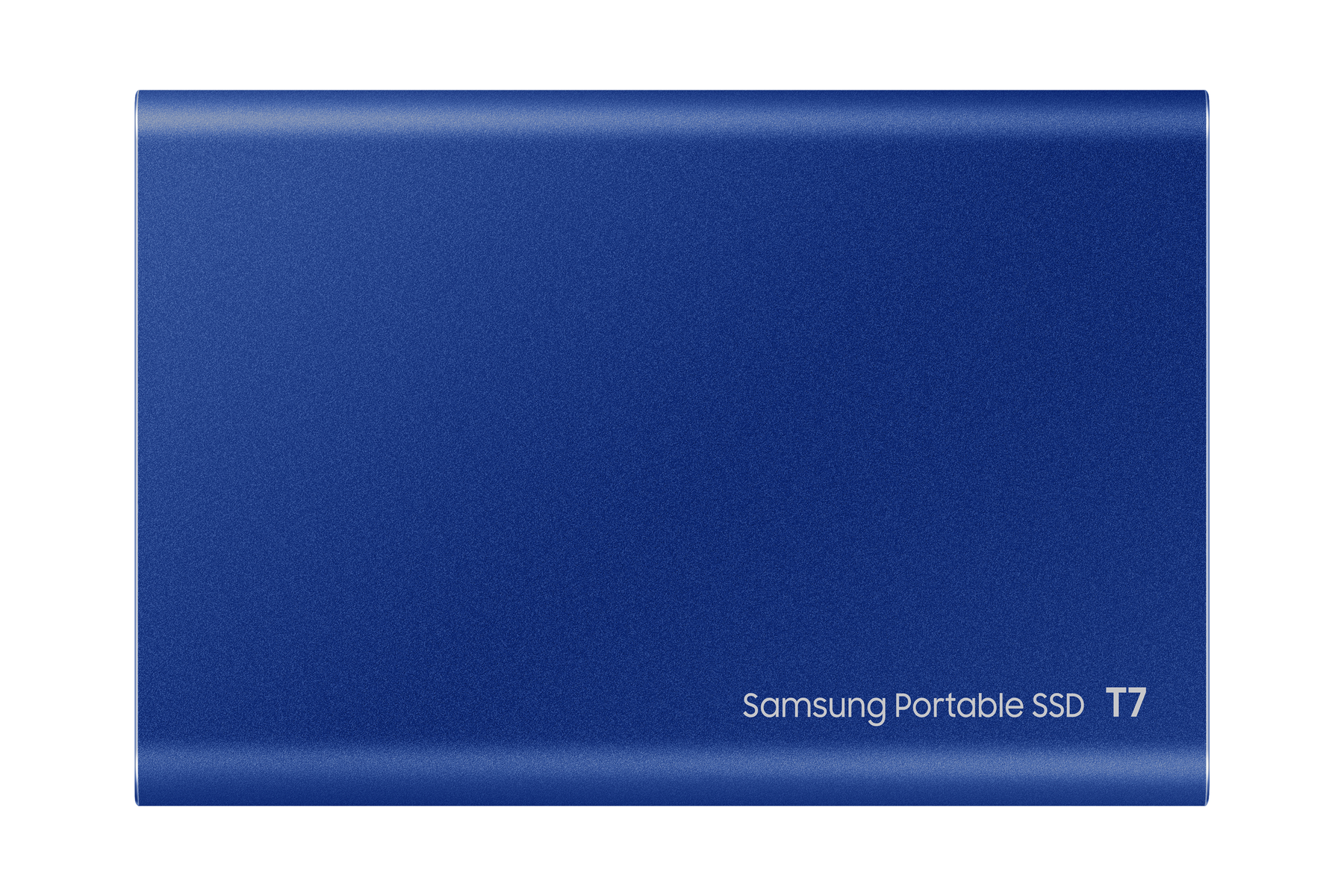 Niebieski Samsung Portable SSD T7. Biały tekst Samsung z przodu.
