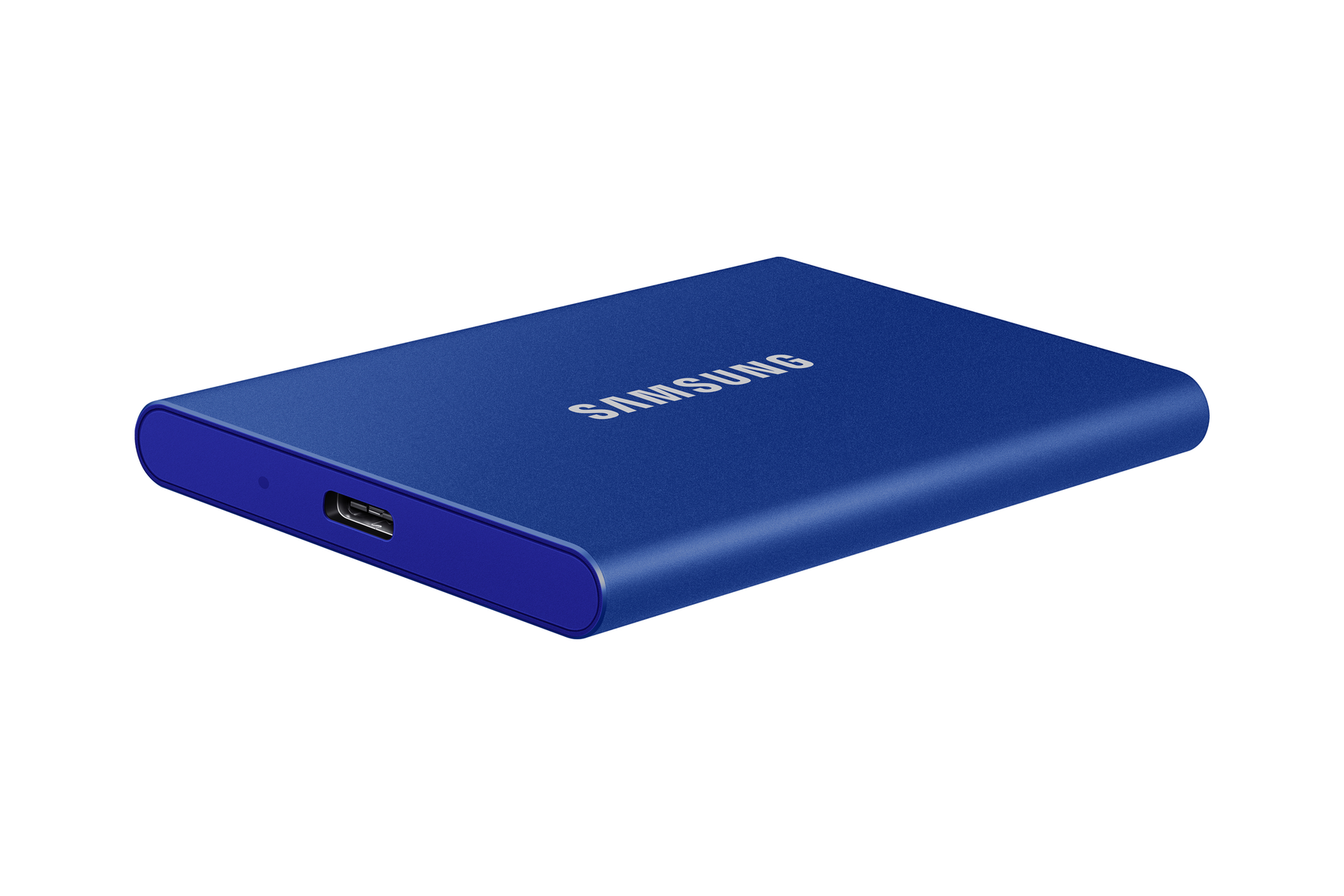 Niebieski zewnętrzny dysk SSD Samsung. Jest prostokątny z portem USB-C po jednej stronie.