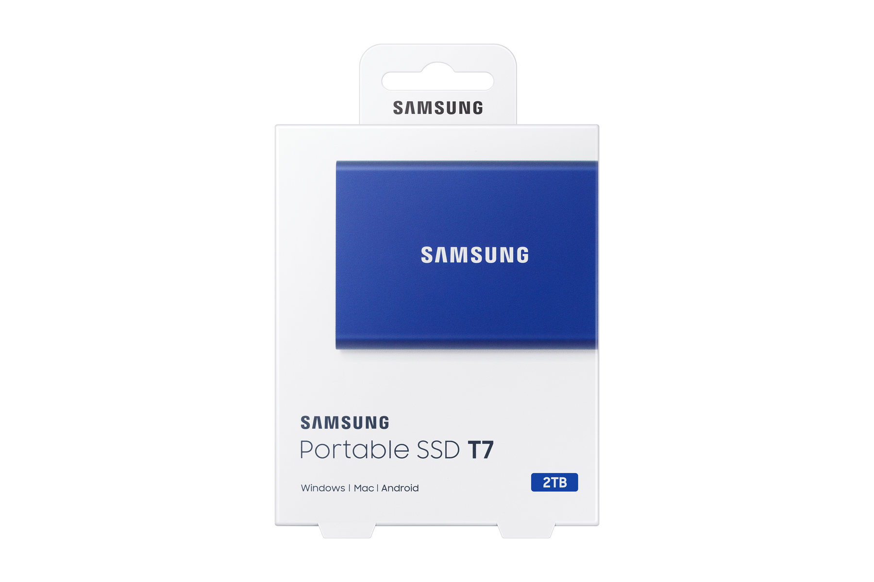 Białe pudełko z niebieskim przenośnym dyskiem SSD Samsung T7.