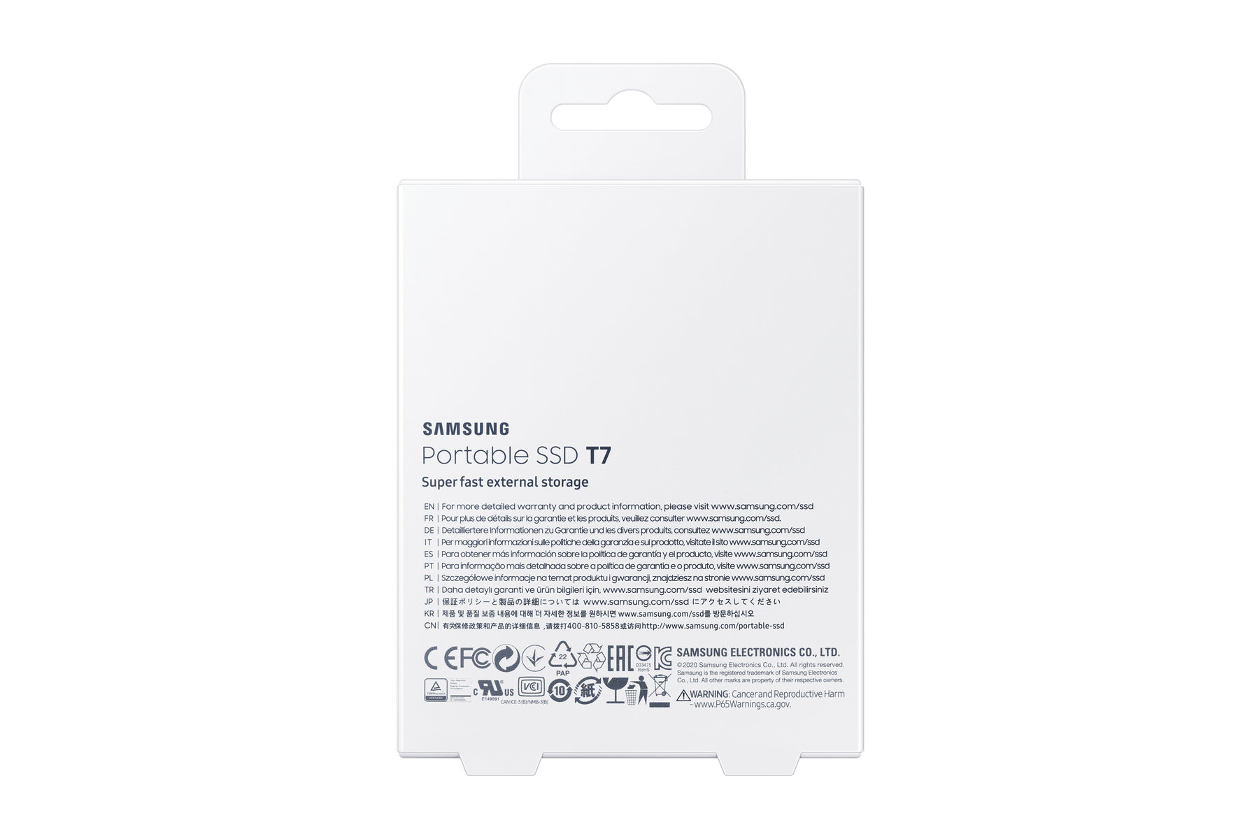 Białe pudełko przenośnego dysku SSD Samsung, z informacjami o produkcie i logo, na białym tle.