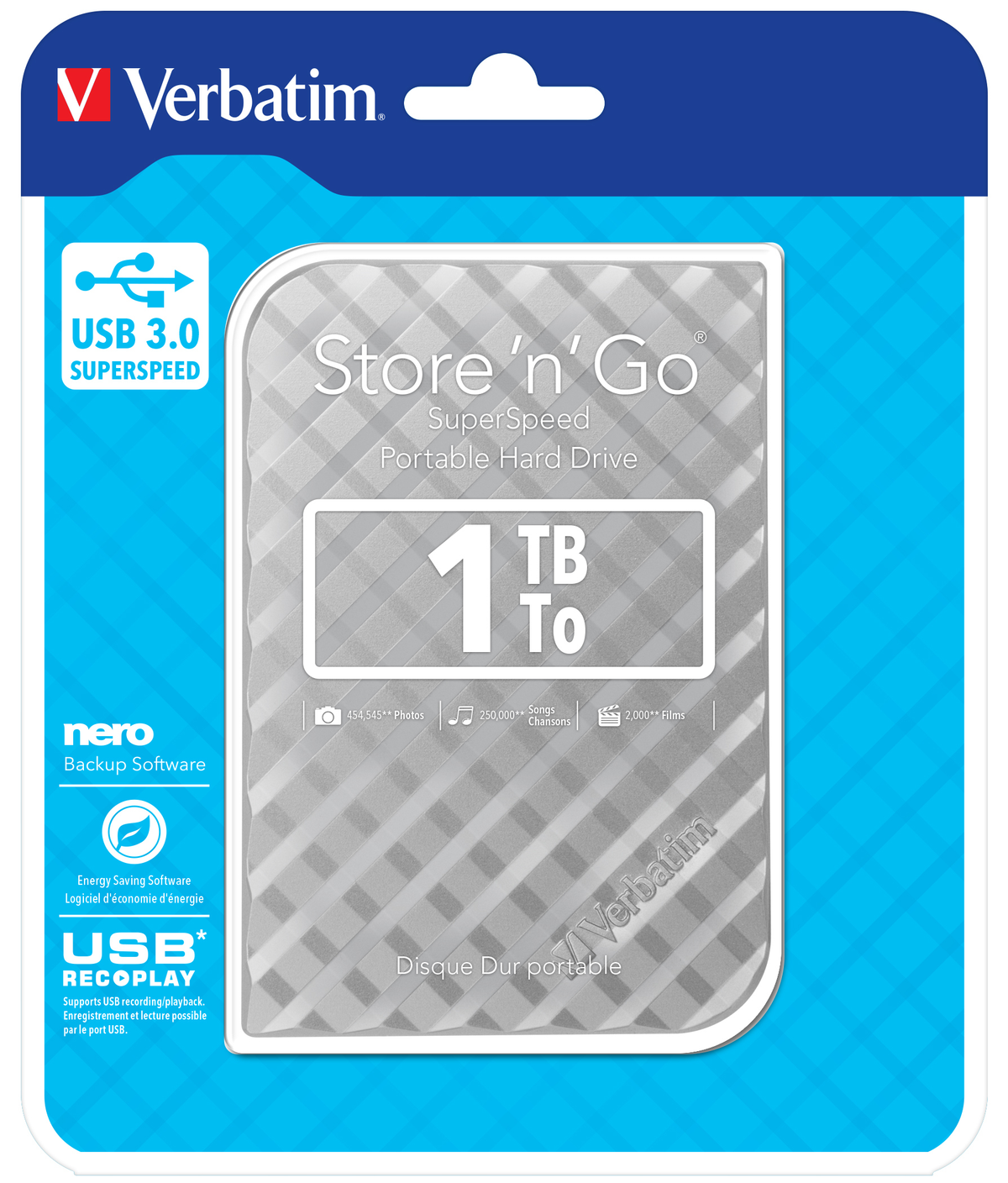 Verbatim Store'n'Go 1TB tragbare Festplatte. Weißes Laufwerk auf blauem Hintergrund, mit USB 3.0 Logo.