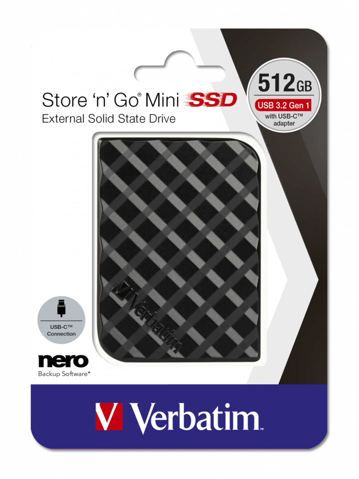 Opakowanie Verbatim Store 'n' Go Mini SSD. To czarno-szara karta z widocznym dyskiem SSD, z adapterem USB-C.