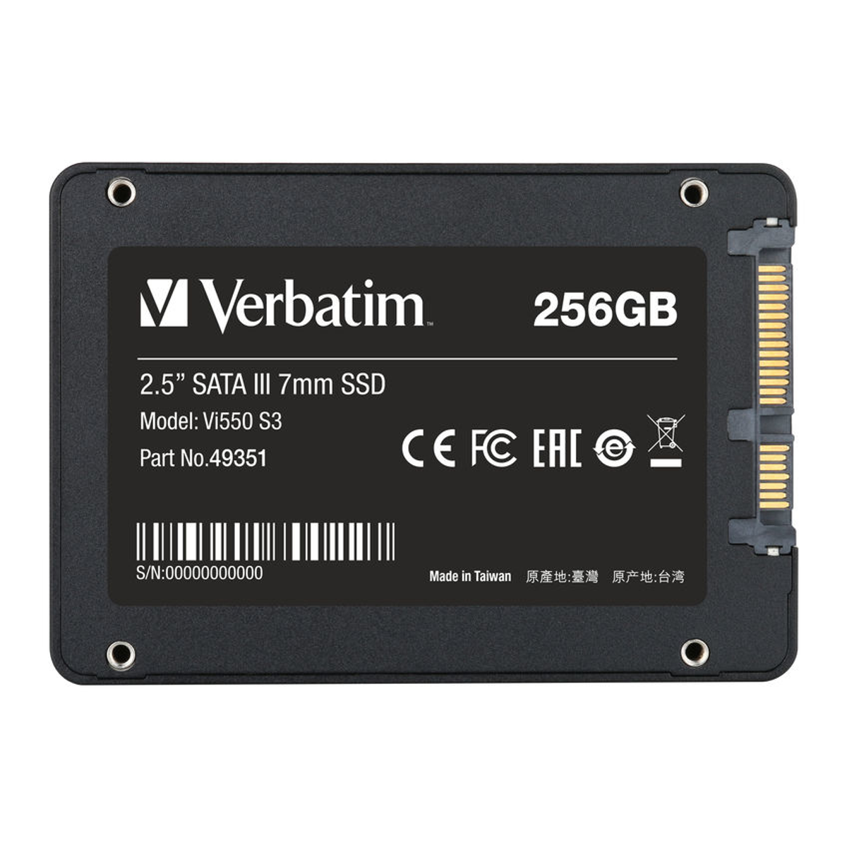 Czarny dysk SSD Verbatim z białym tekstem, w tym 256GB i logo. Dysk SSD leży na białej powierzchni.