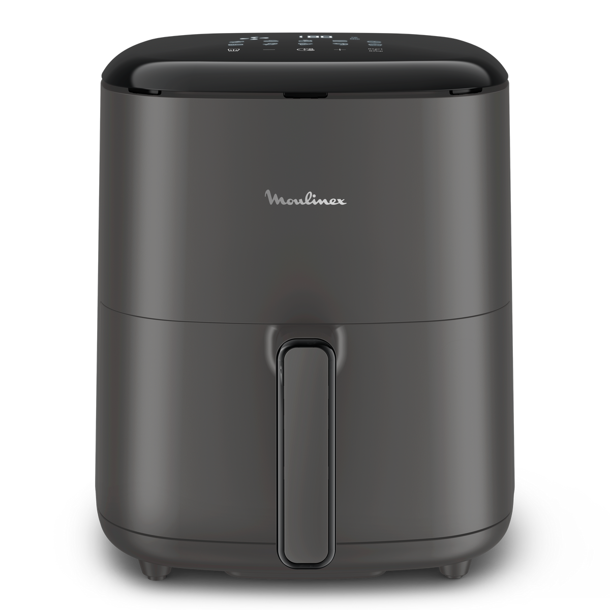 Ein dunkelgrauer Moulinex-Luftfritteuse. Sie hat einen Griff, ein Bedienfeld und einen schwarzen Deckel.
