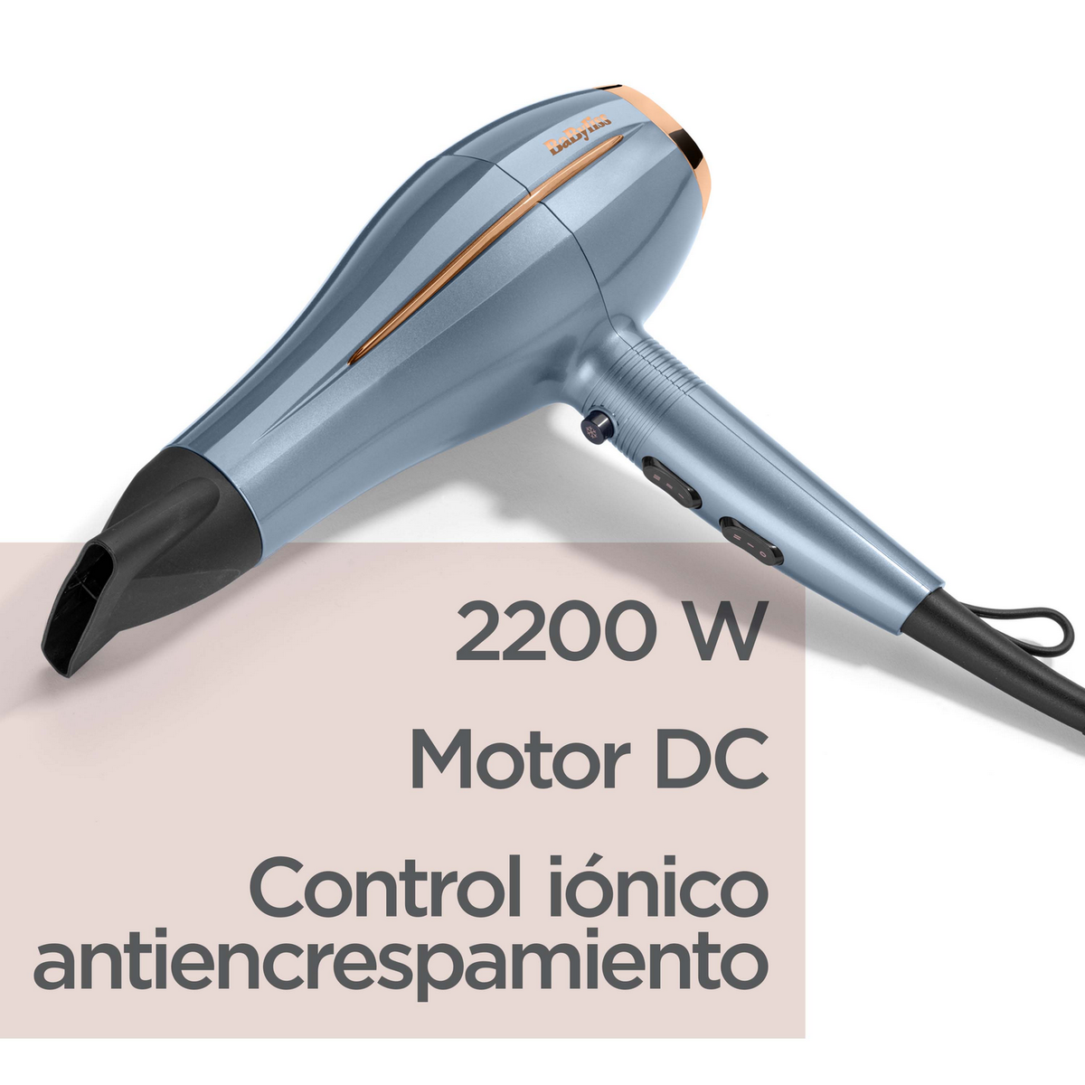 Un asciugacapelli blu e oro con testo che descrive le sue caratteristiche. Il testo include 2200 W e controllo anti-crespo.