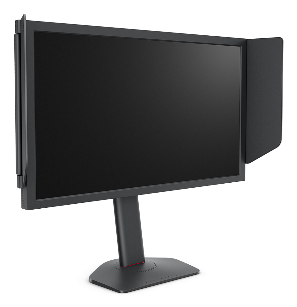 Un monitor negro con soporte. Tiene una pantalla oscura y una visera lateral.