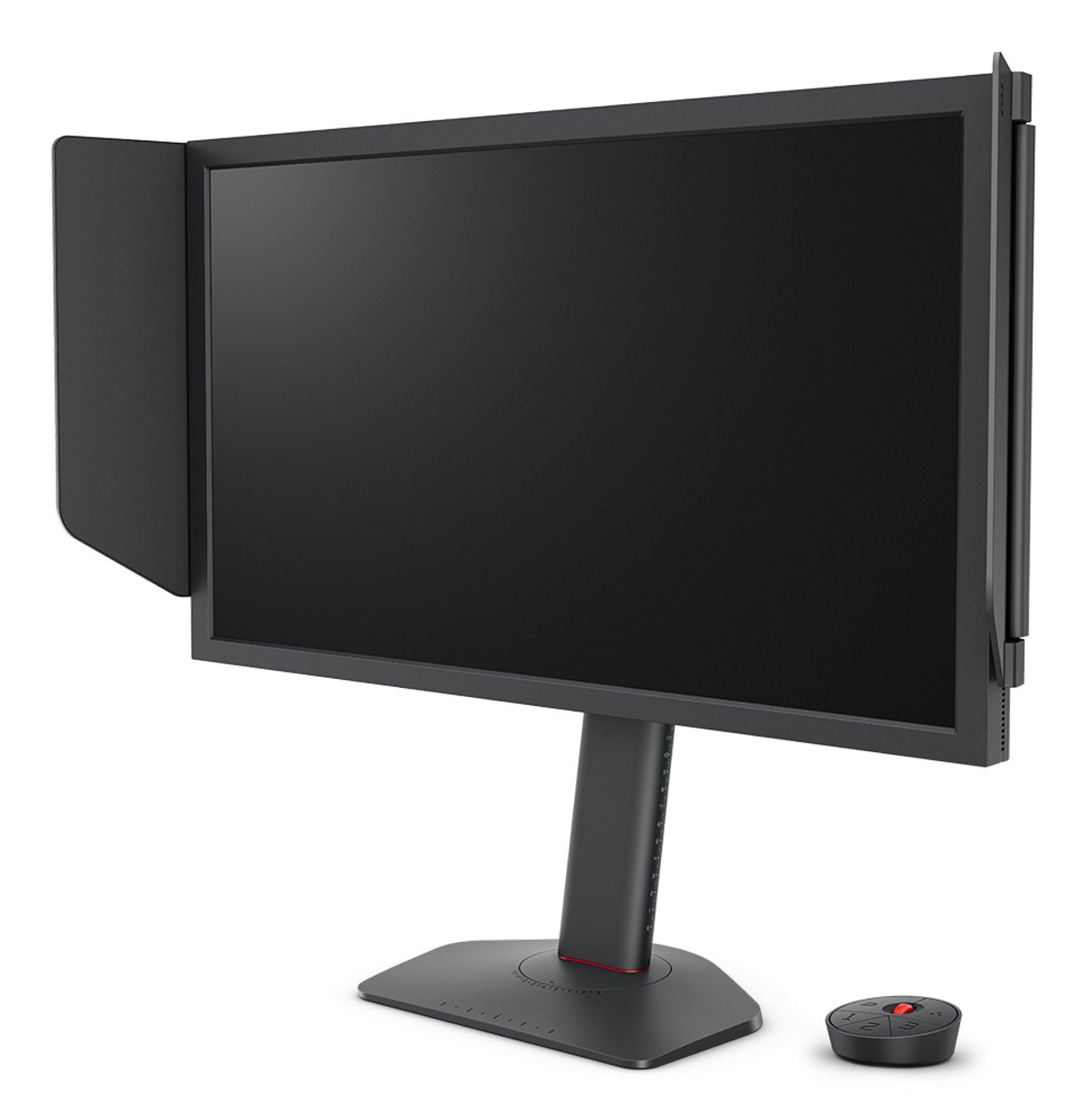 Un monitor de computadora con un panel lateral y un dispositivo de control sobre fondo blanco.
