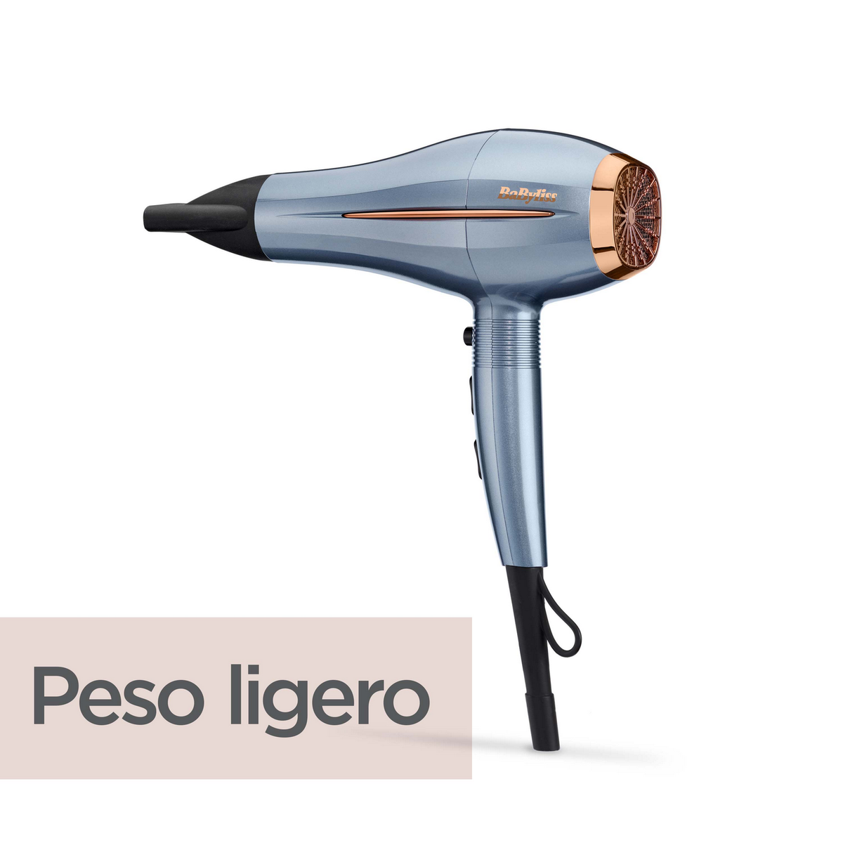 Asciugacapelli blu e argento su sfondo bianco. Testo: Peso ligero.