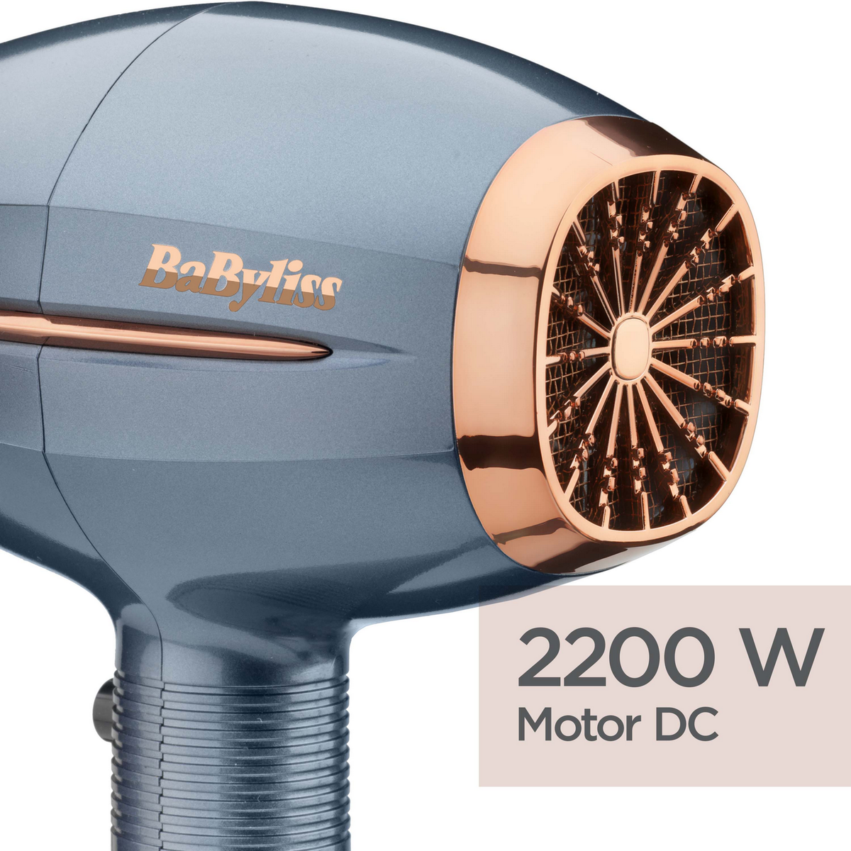 Un asciugacapelli blu e oro rosa con un motore da 2200W, su sfondo bianco.
