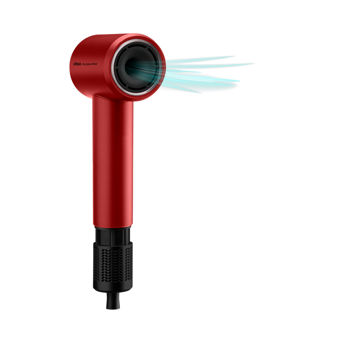 Czerwona suszarka do włosów z wydmuchiwanym powietrzem, na czarnym tle.