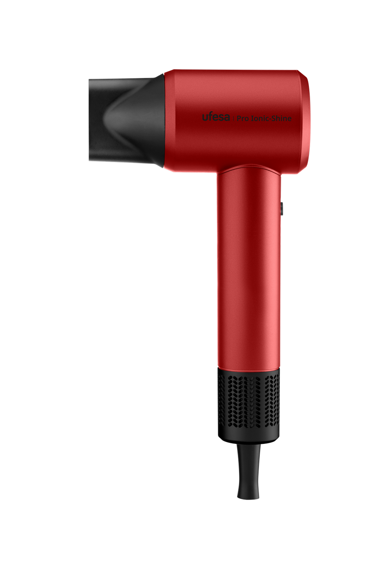 Czerwona suszarka do włosów z czarnymi detalami, na czarnym tle. Marka to Ufesa.
