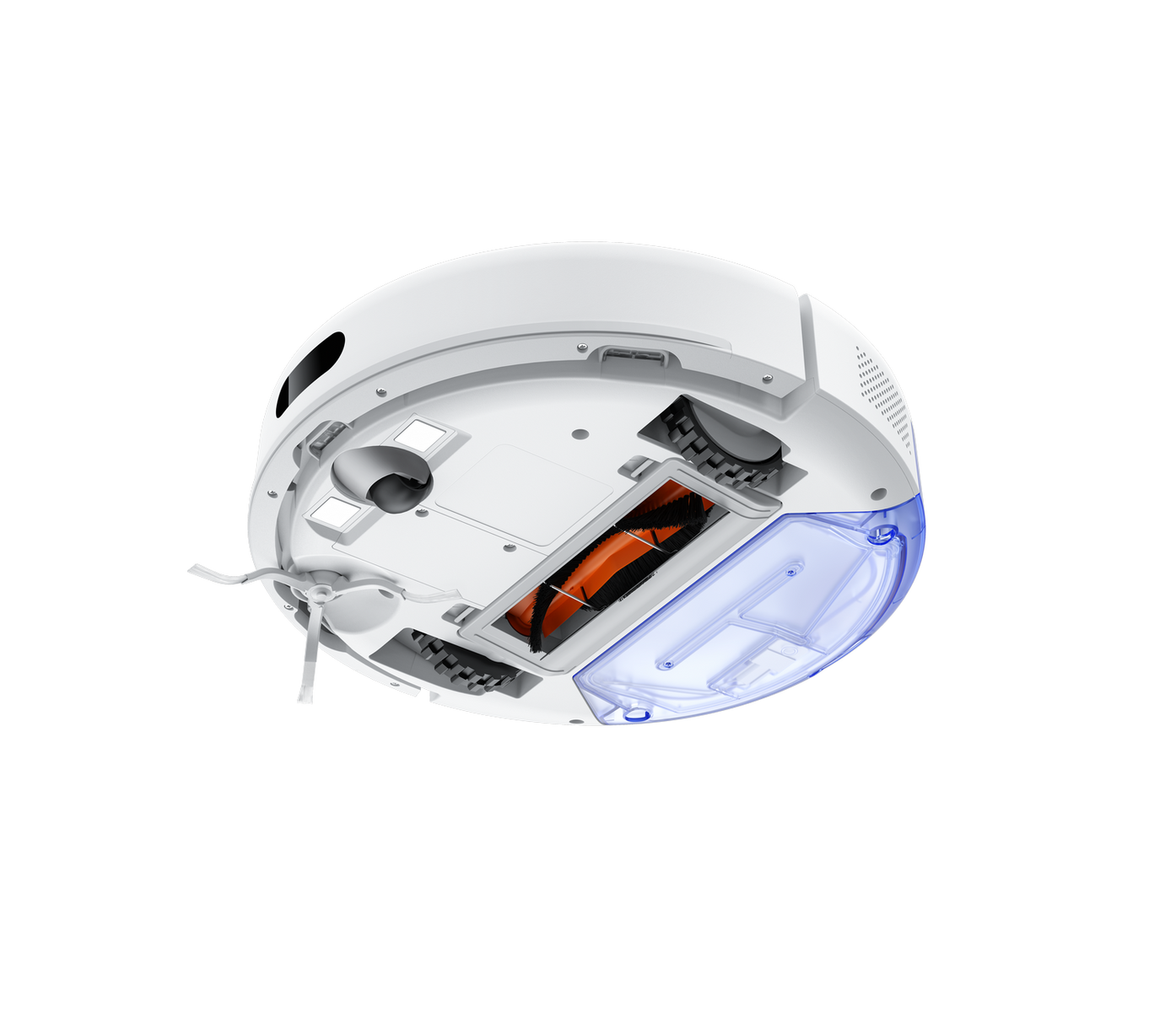 Biały odkurzacz automatyczny, widok od dołu, na czarnym tle. Widoczna szczotka i zbiornik na wodę.