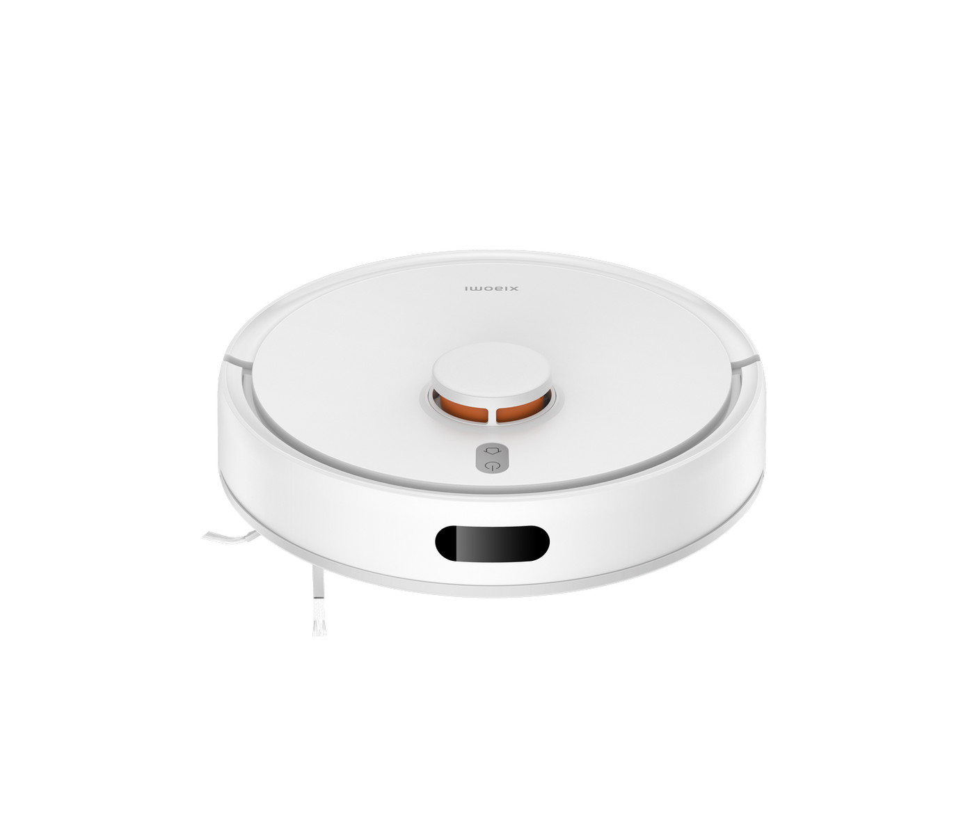 Biały robot odkurzający o okrągłym kształcie i brązowym przycisku na ciemnej powierzchni.