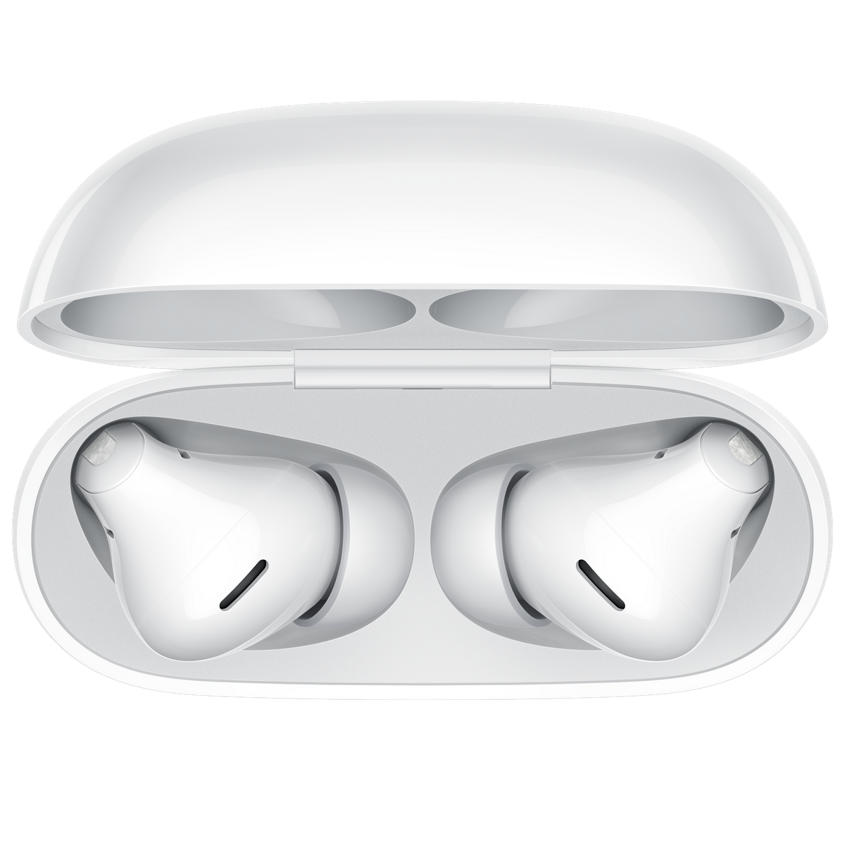 Białe etui ładujące z dwoma białymi słuchawkami w środku. Etui jest otwarte.